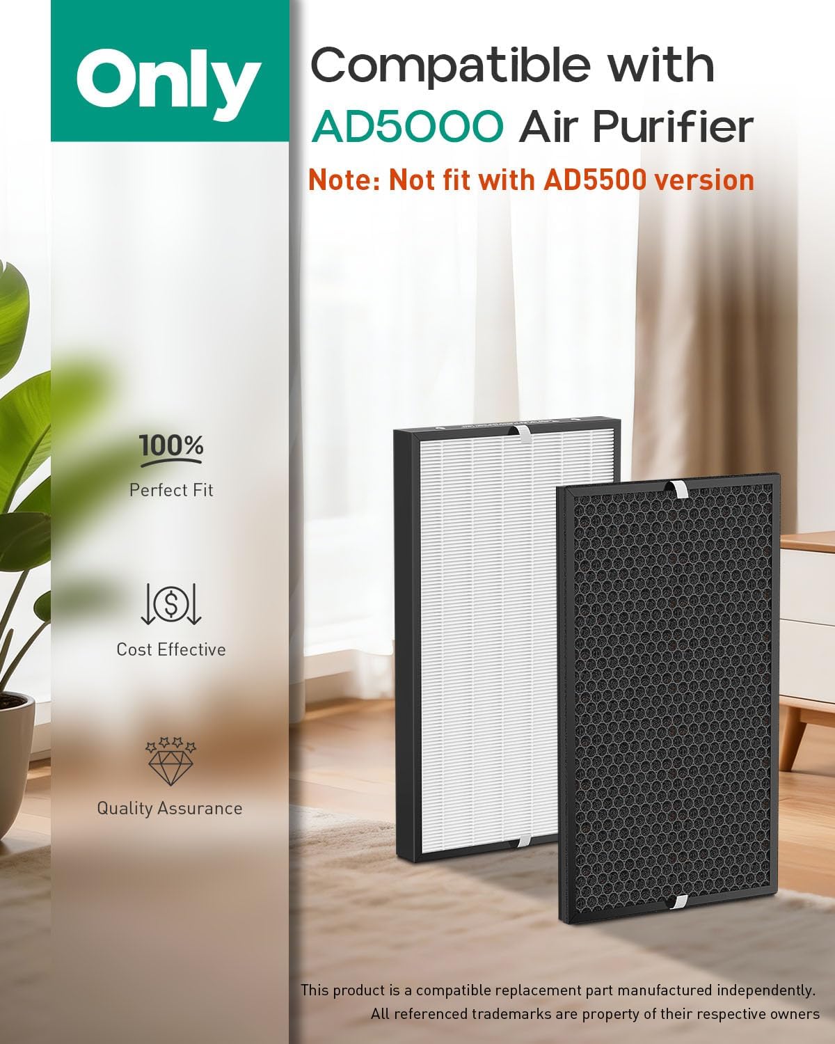 Replacement Filter Only Compatible with AD5000 Air Cleaner Purifier, Not for AD5500 Version, Includes 2 Premium Filters + 2 Activated Carbon Filters