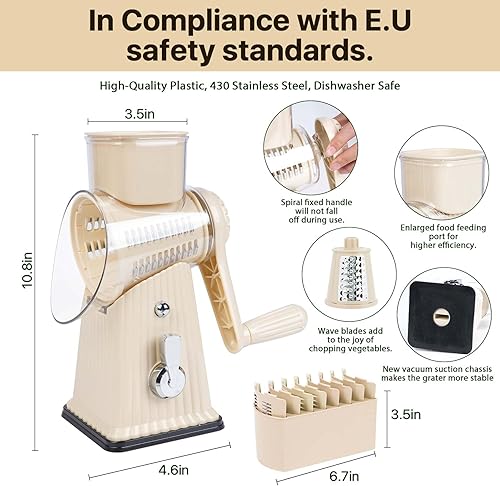 Miniatura 2 de Rallador de queso giratorio manual, blanco, cortador de verduras 5 en 1 con base de succión, cuchillas de acero inoxidable, diseño de manivela para