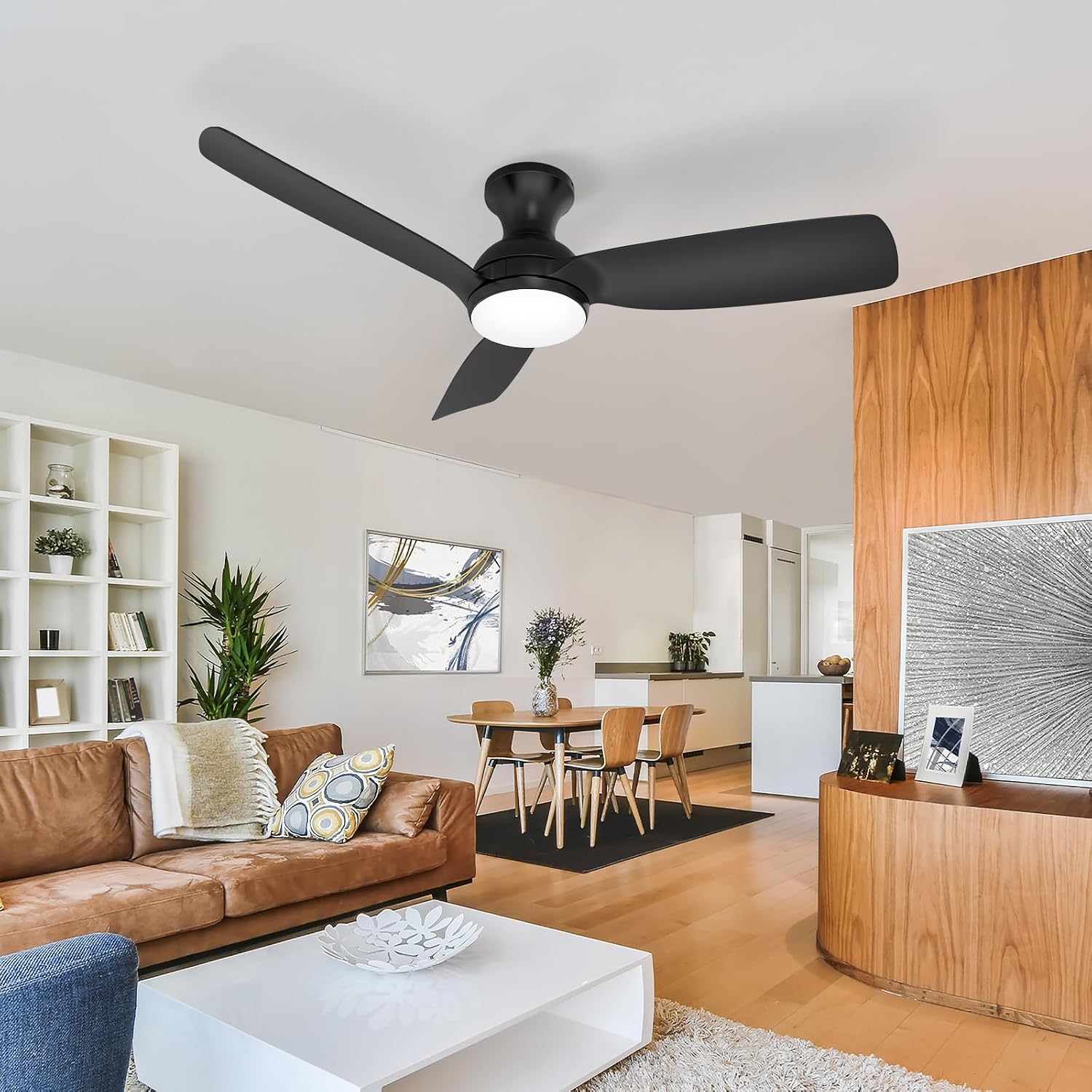 Consciot Ceiling Fan With Light, 44 Inch Low Profile Ceiling Fan with remote control, 6-speed choice, Reversible DC motor, 3CCT, Dimmable, Whisper, Easy Install, For Indoor and Covered Outdoor (black)