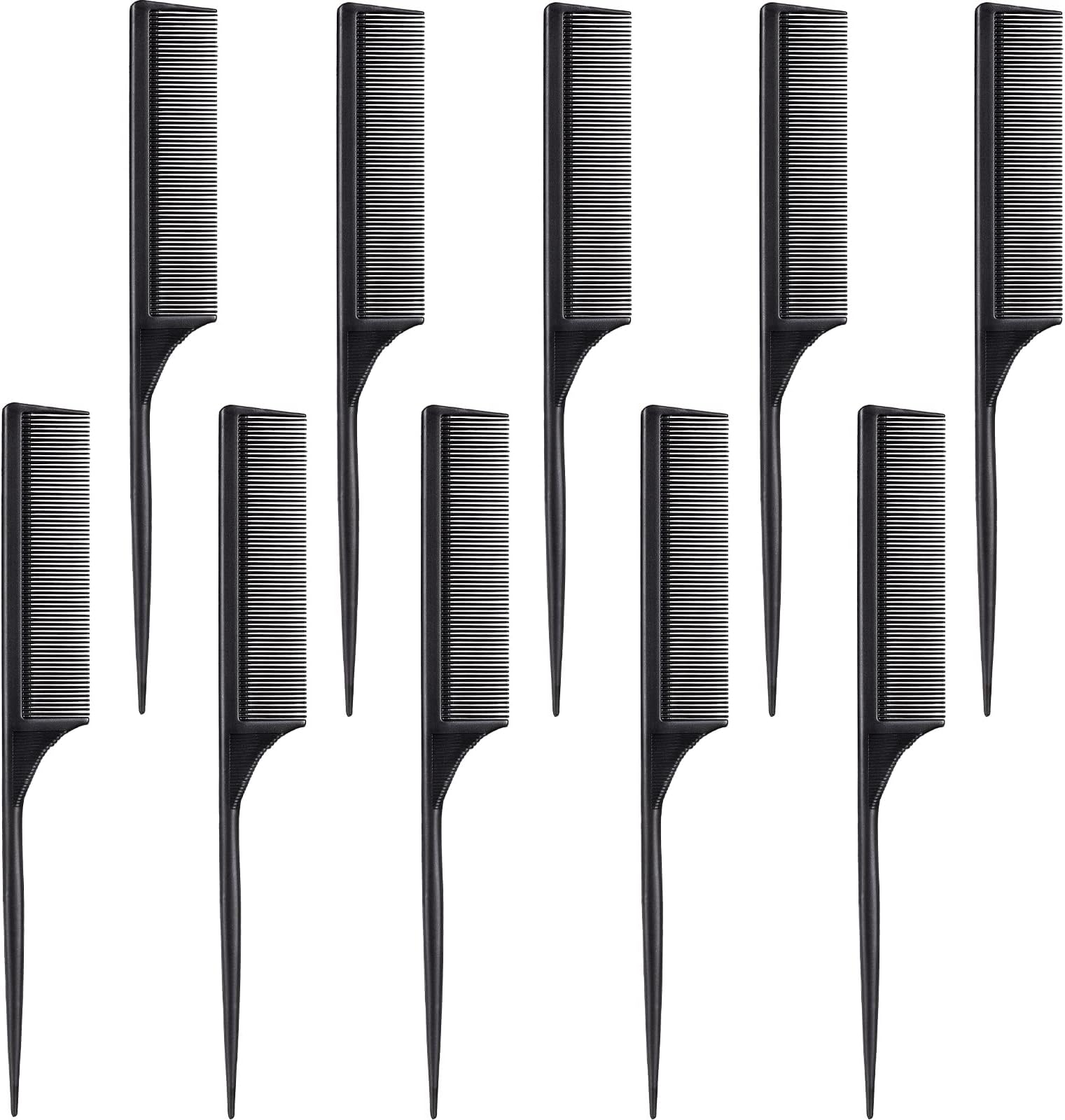 Leinuosen 10 Pcs Rat Tail Combs Set, Parting Comb Braiding Hair Styling Teasing Fine Tooth Comb for Women, Carbon Heat Resistant Anti Static Pintail(Black)