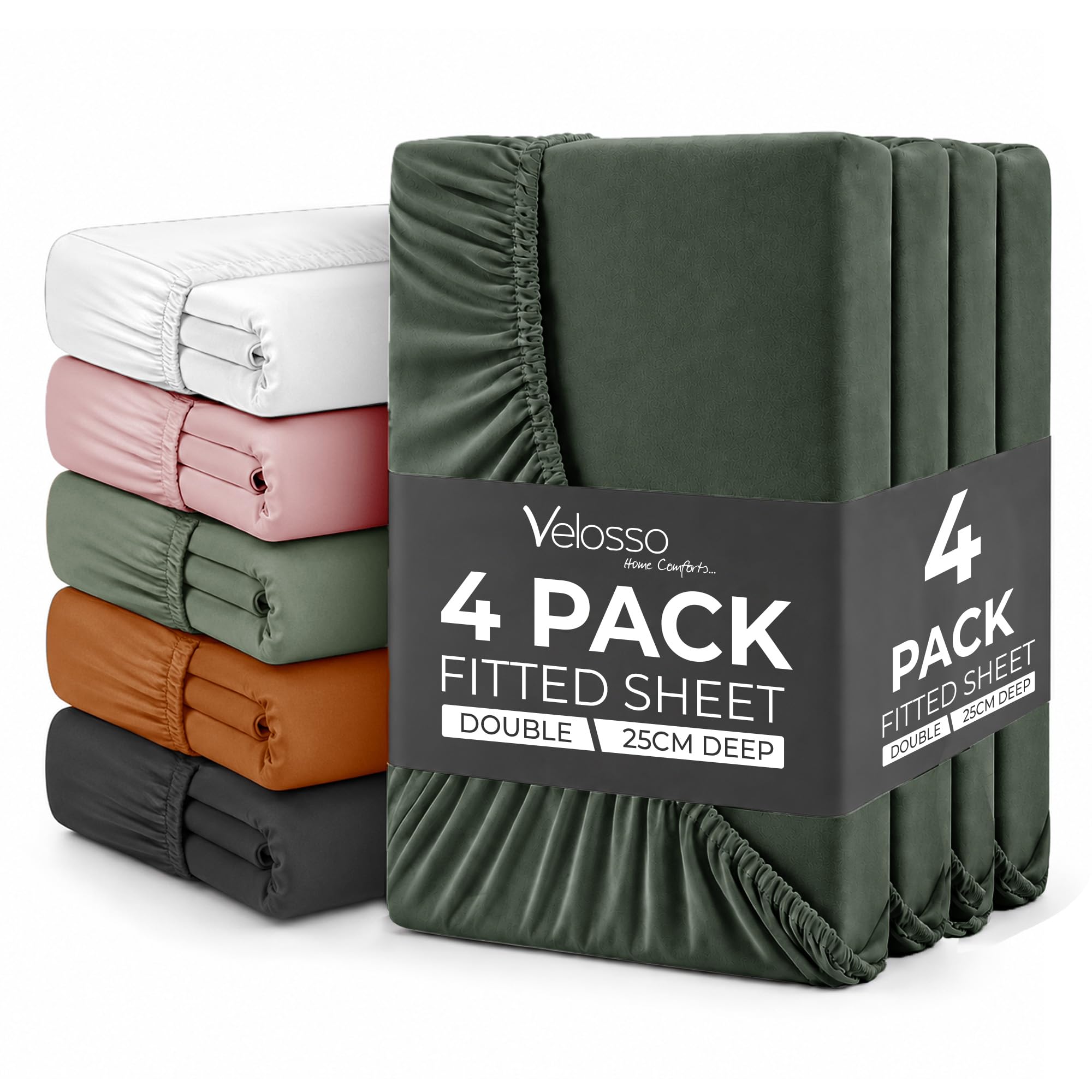 Plain Dye Fitted Sheet 25cms Pocket Soft Brushed Microfibre Fabric Mattress Bottom Bed Sheets (Olive, Double 4 Pack)