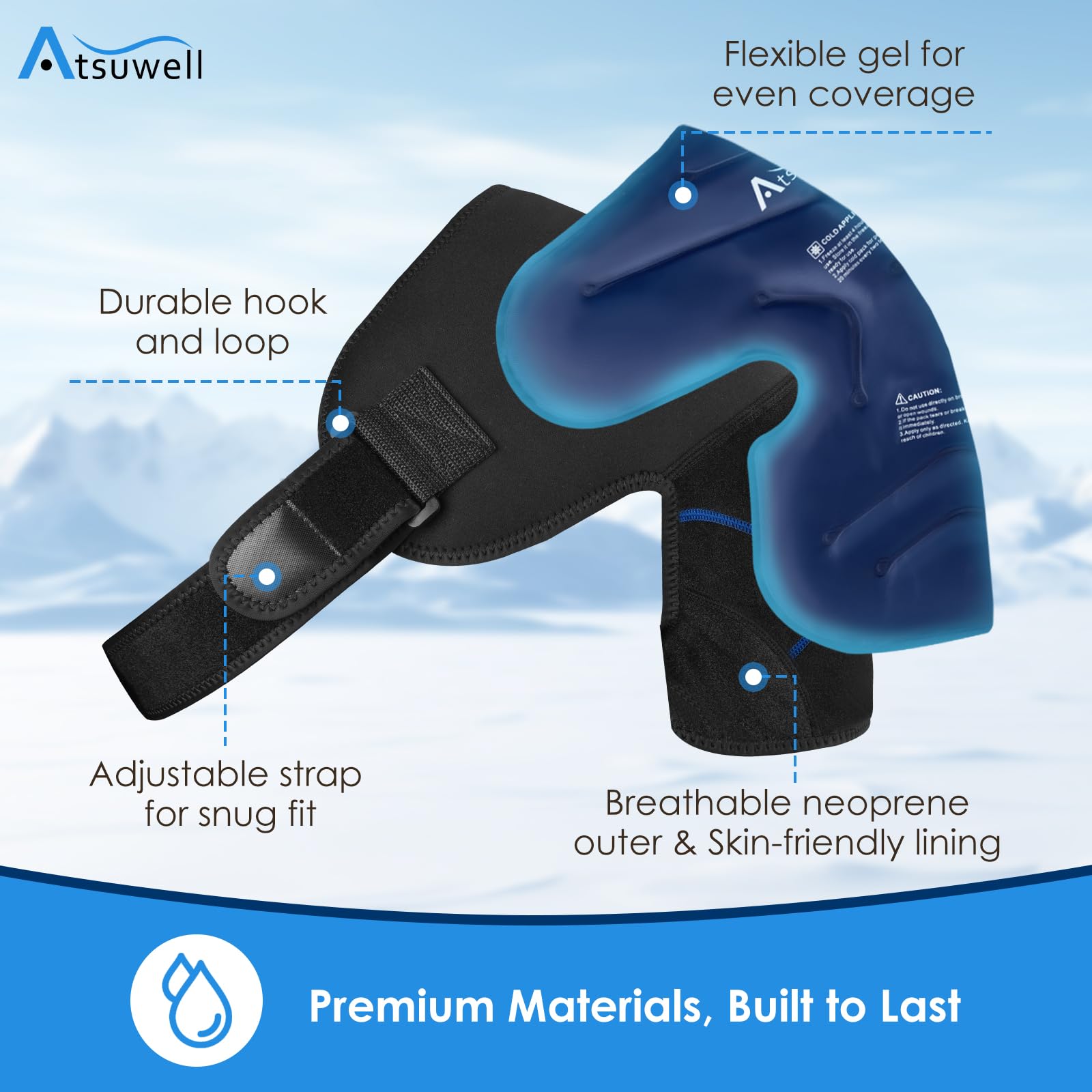 Atsuwell Bolsa de hielo para hombro con 2 paquetes de gel, soporte de hombro de apoyo para manguito rotador y brazo, envoltura reutilizable de terapia de frío para recuperación muscular y relajación