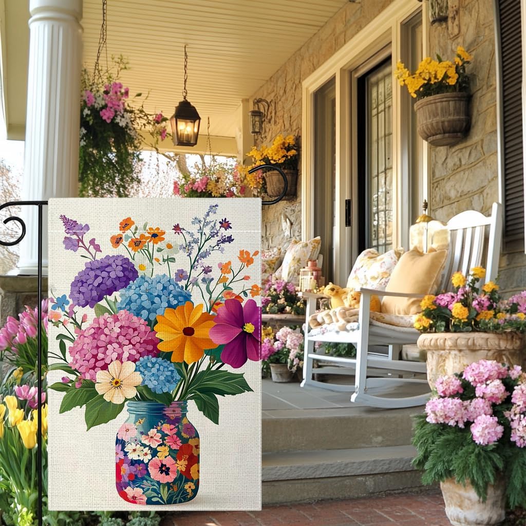 Spring Summer Colorful Floral Mason Jar Garden Flag 12x18 Inch Double Sided Hydrangea Flower Yard Outdoor Flag House Holiday Outside Decoration - Image 6