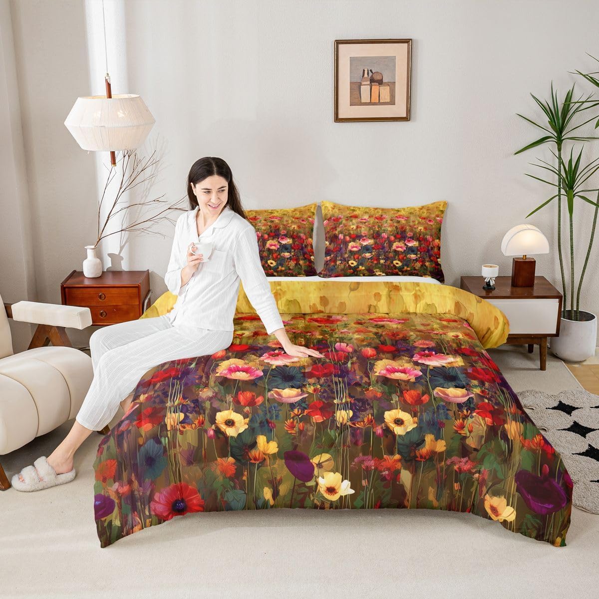 Erosebridal Poppy Duvet Sets Red Flower Bedding Set Queen Size Floral Watercolor Comforter Set for Kids Boys Girls Adult, Garden Theme Quilted Duvet Rustic Country Farmhouse Decoration