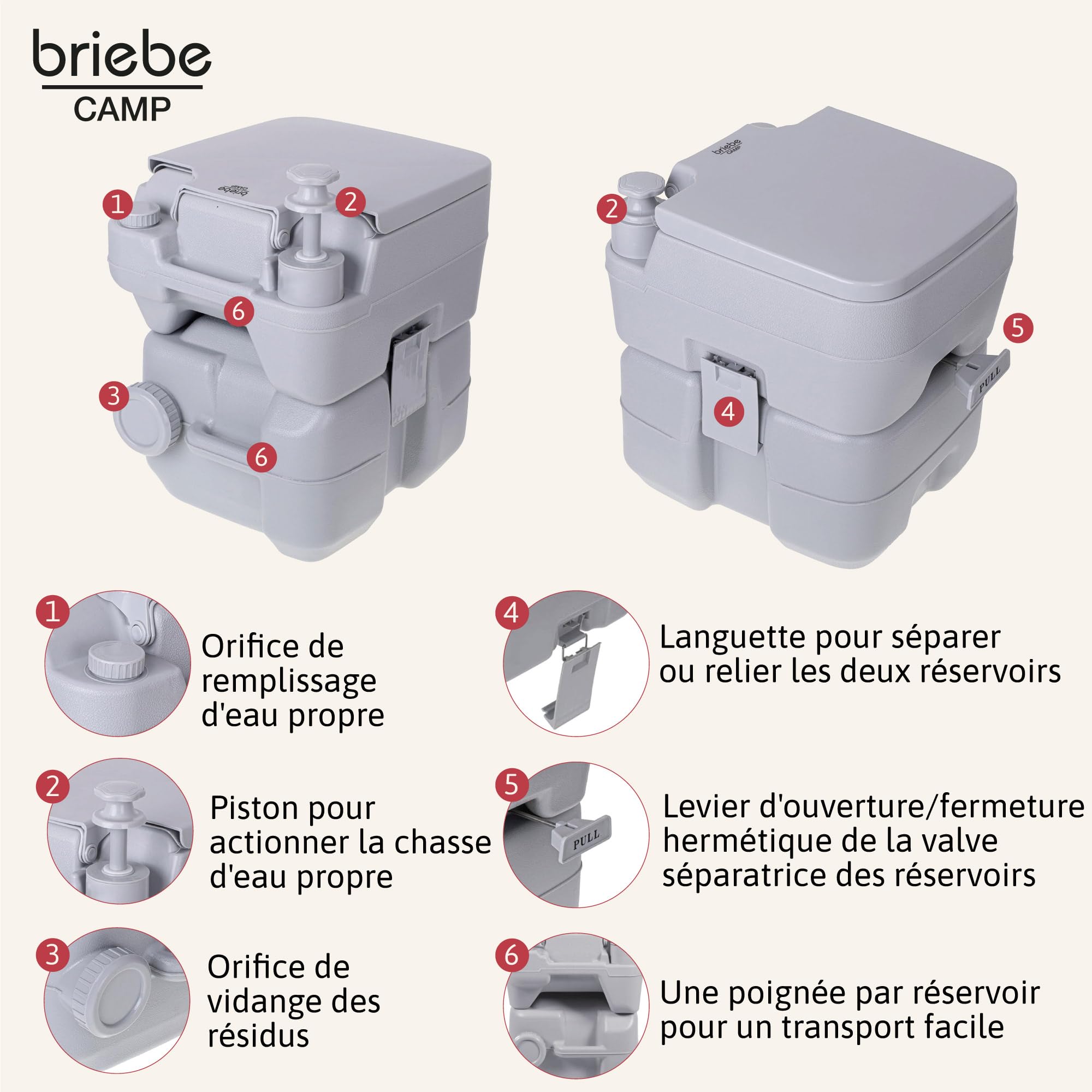 briebe Camp Toilette Portable WC Chimique pour Camping-Car, Bateau et Voyage, Réservoir d'eau, Pompe à Piston et Valve Anti-Odeur Facile à Nettoyer et à Vider,
