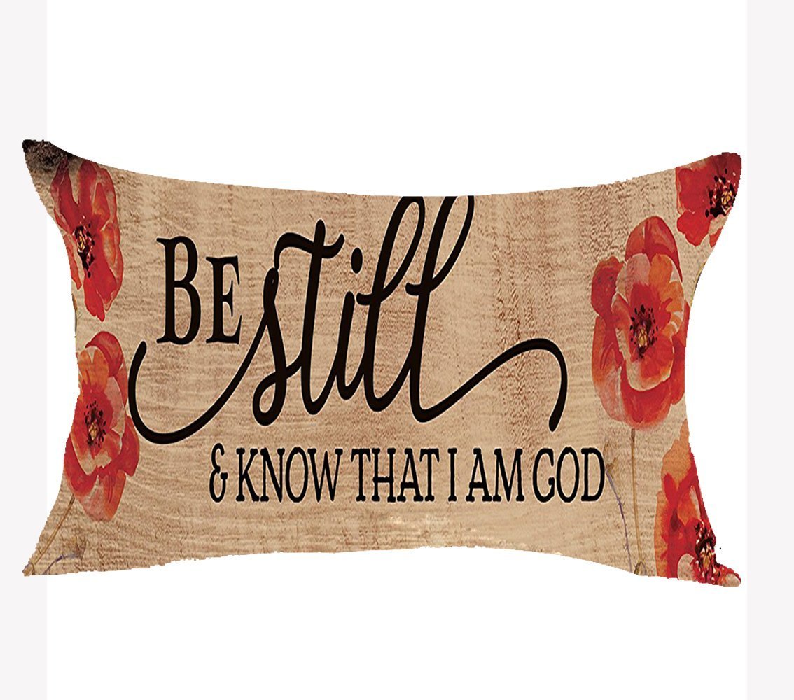 FELENIW Retro Love Gift Be Still Know That i am god Poppy Flower Throw Pillow Cover Cushion Case Cotton Linen Material Decorative 12x20 inches
