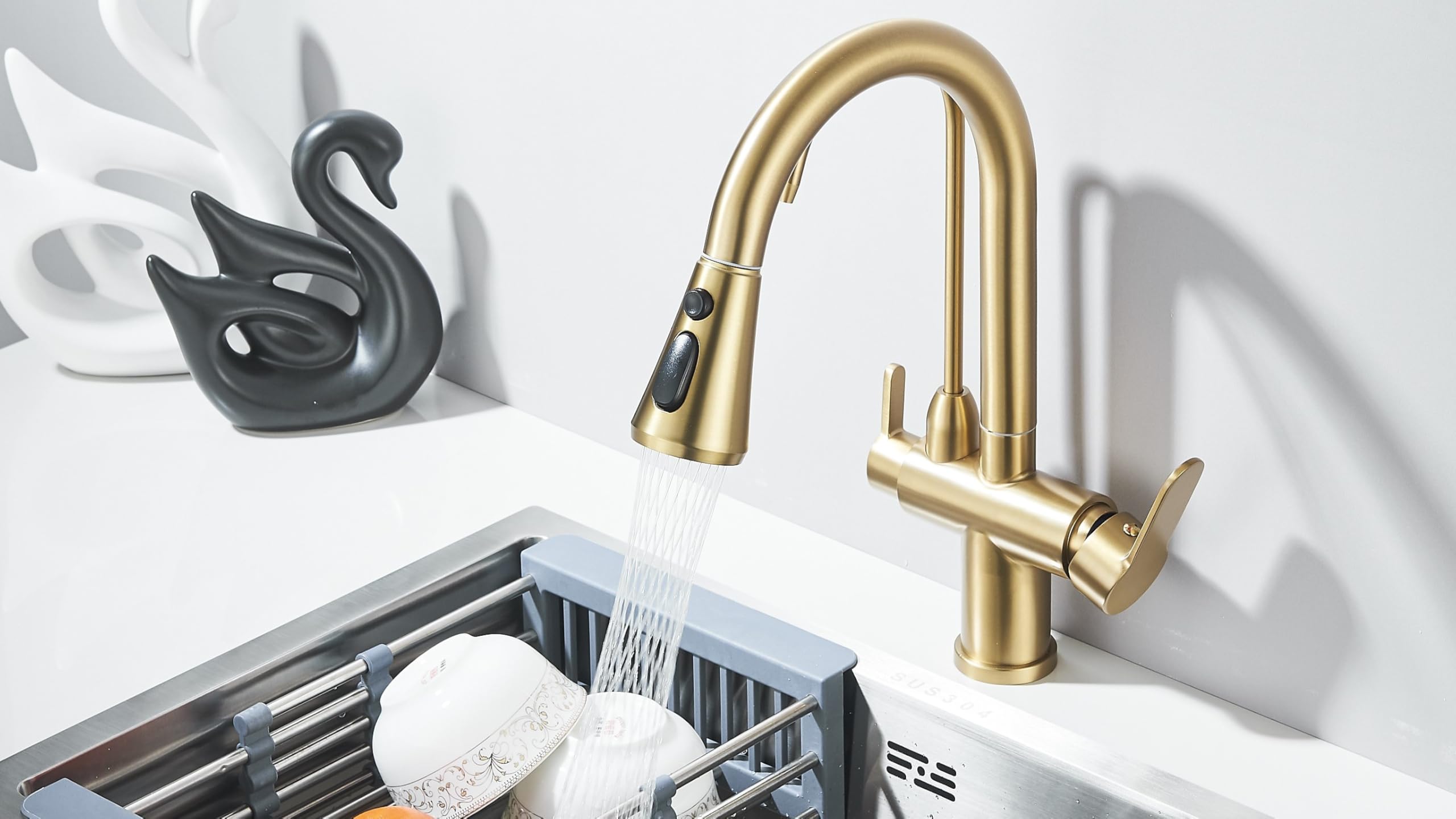 Ari Robinet de cuisine 3 voies extensible avec douchette Nordic en kit avec filtre à eau potable RO-202S Pro (or brossé)