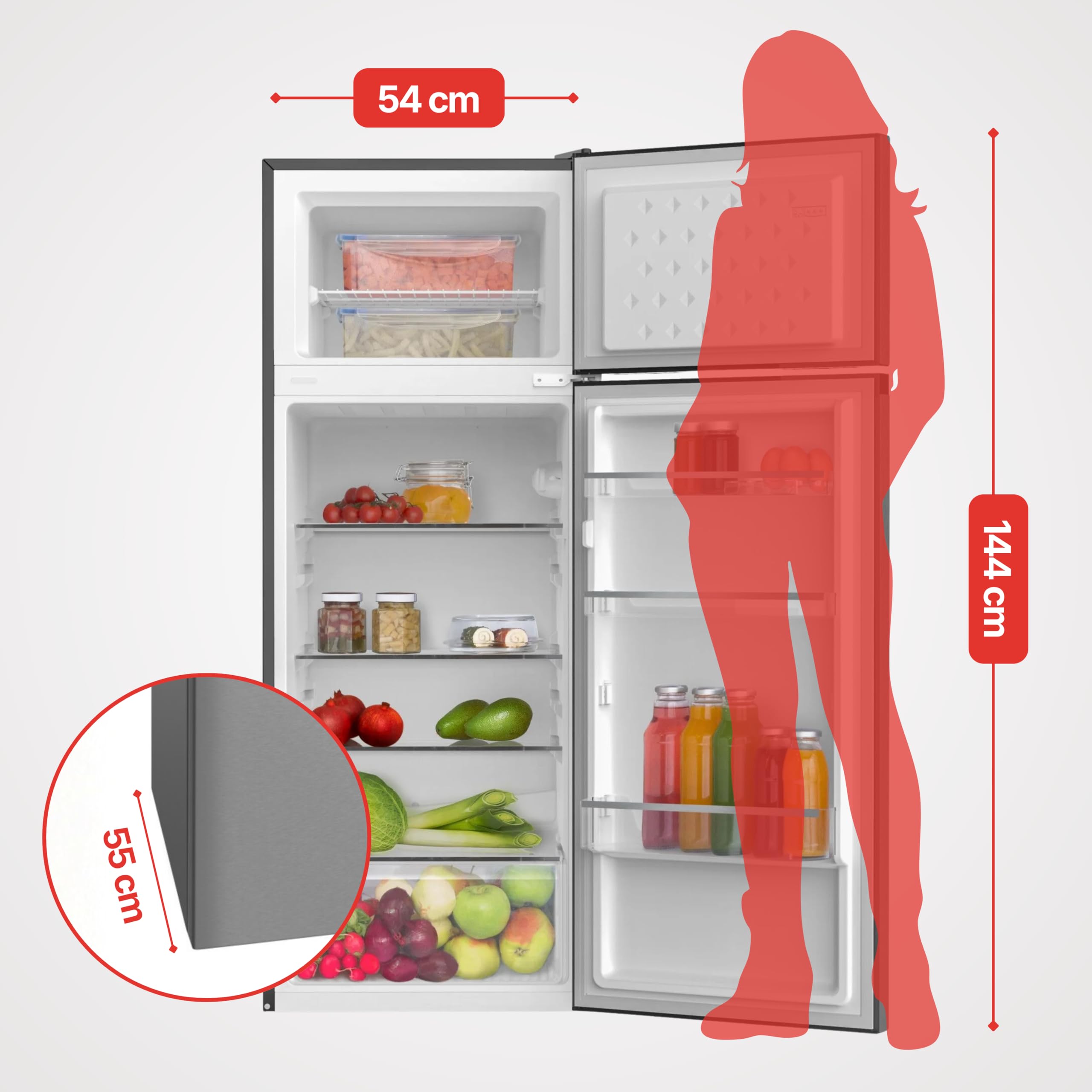 Amica Kühl-Gefrierkombination 211 L 144x54x55 cm DT 374 160 E | 170 L Kühlteil, 41 L Gefrierteil, FrostControl, Automatische Abtauung, LED Beleuchtung, Gemüseschublade