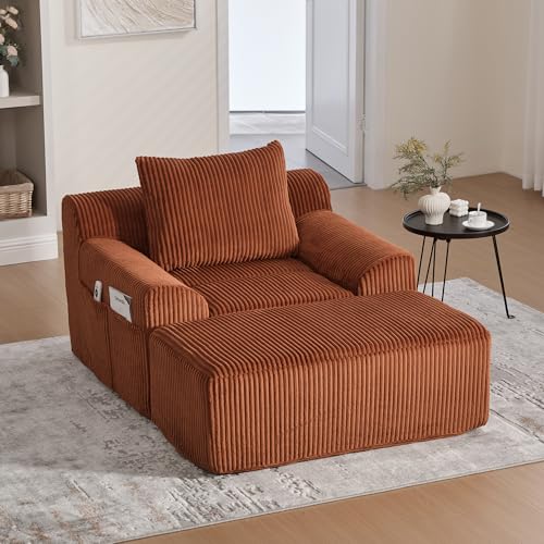 HAUSPROFI Sofá cama extragrande de pana de 1 plaza | Sillón con reposapiés y bolsillos laterales | Moderno sofá chaise longue sin montaje | Sillón de relax para salón, oficina o apartamento | Naranja