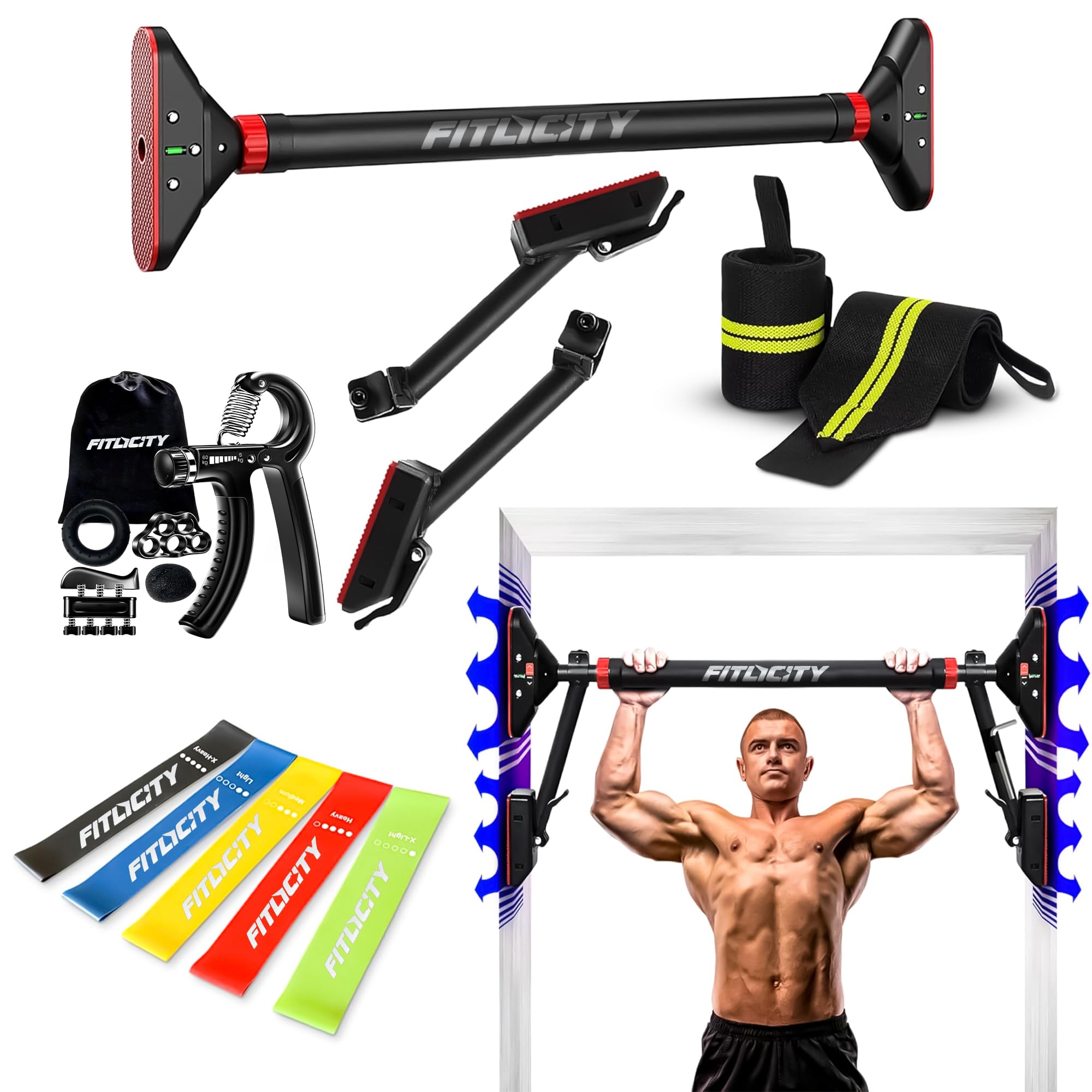 Fitlicity Pull Up Bar for doorway With Hand Grip Strengthener & Resistance Bands, Chin Up Bar for Upper Body Workout & Exercise, 29.9
