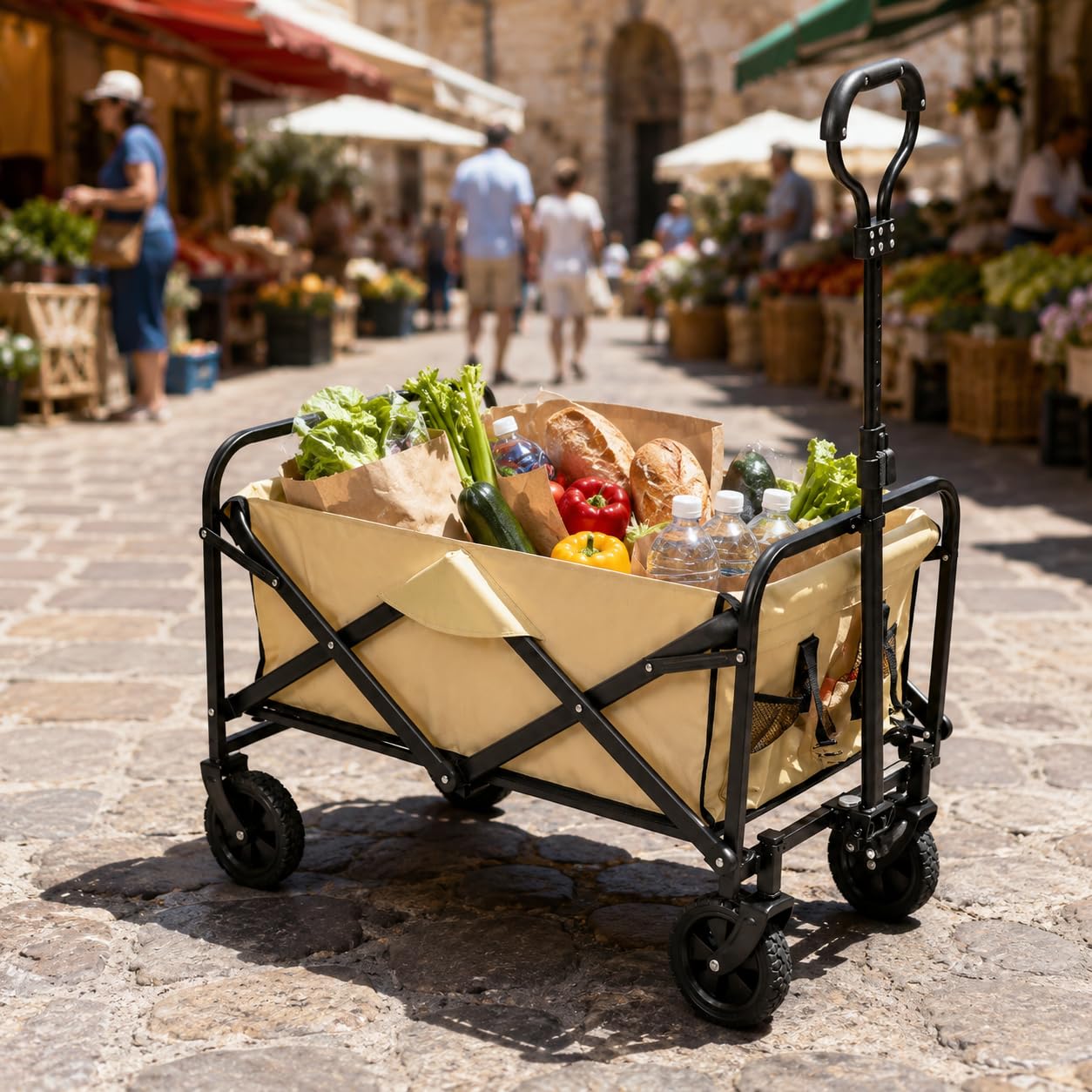 KOMBO - Carrello Pieghevole - Portata 120 Kg, 58 Litri - Telaio Acciaio Q195, 4 Ruote Ø125mm di cui 2 Pivottanti, Manico Telescopico 4 Altezze, per Campeggio Picnic Spesa Giardino e Animali