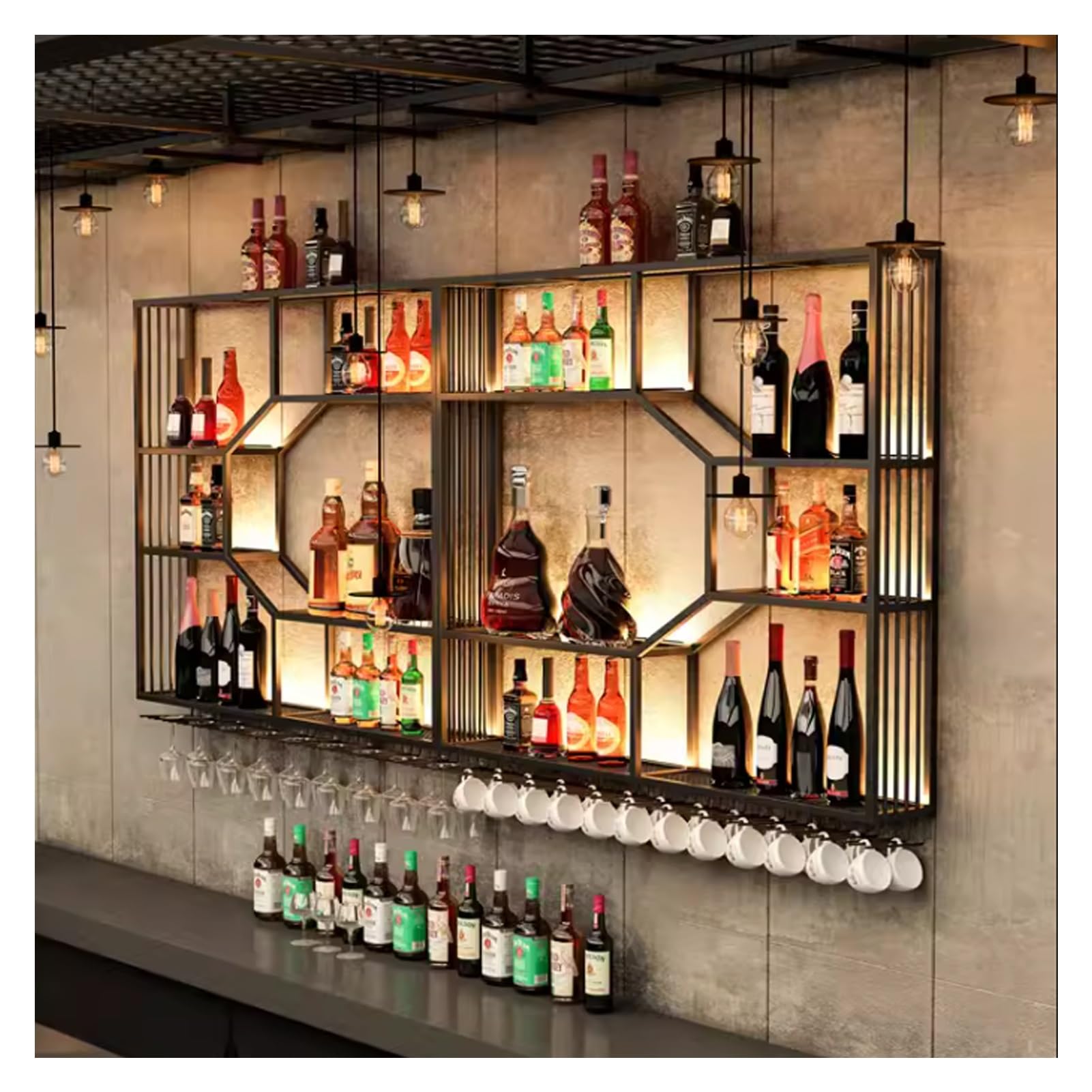 Ayharylh Black Led Wine Racks Wall Mounted Metal Bar Liquor Shelves And Glass Holder Floating Wall Wine Shelves,For Kitchen Bar Decoration Gold