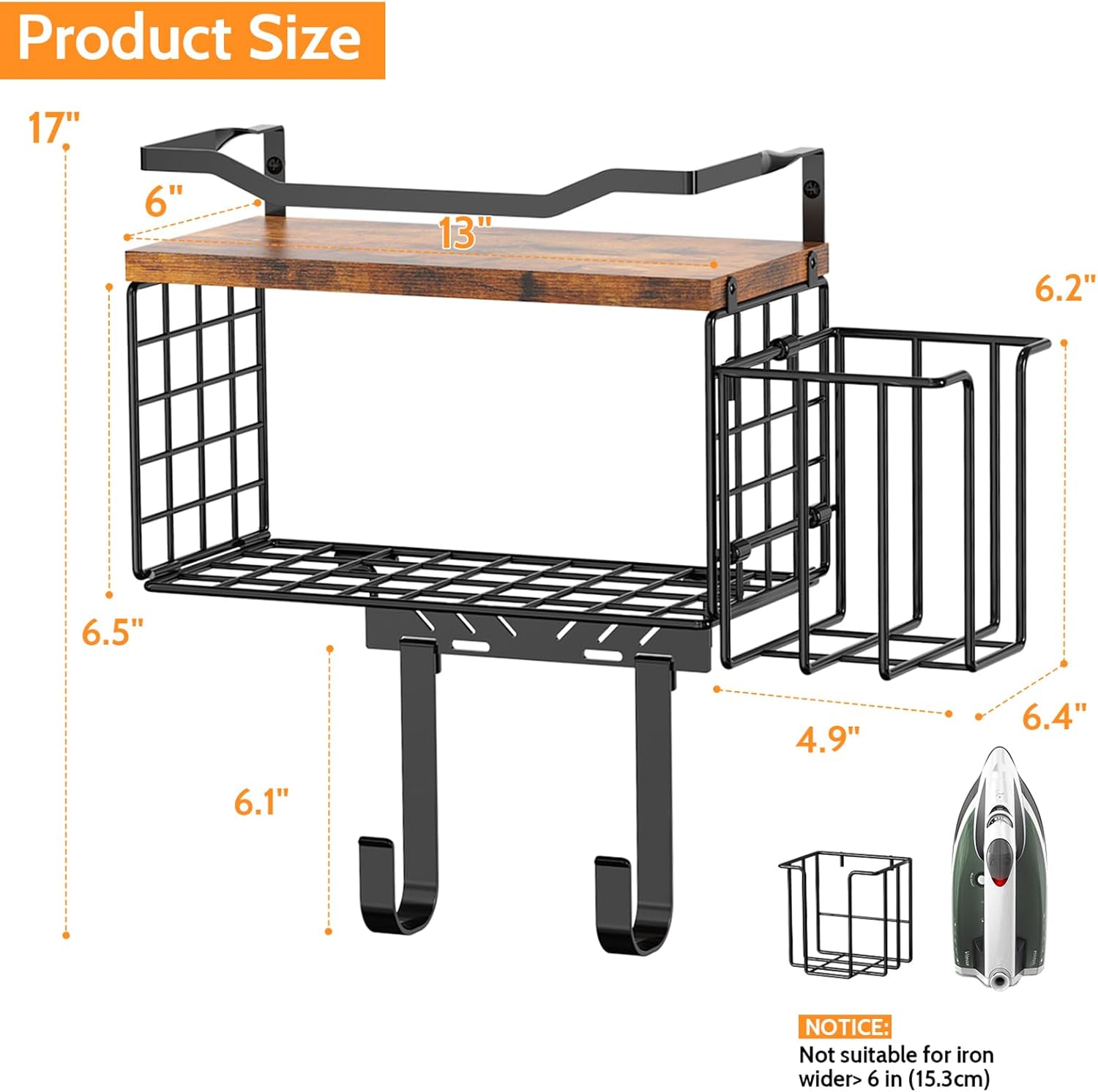 Ironing Board Hanger Wall Mount, 2-Layer T&Y Iron Board Holder with Ironing Caddy, Metal Ironing Board Holder Storage Organizer, Floating Wood Shelf for Laundry Room Decor Accessories Organization