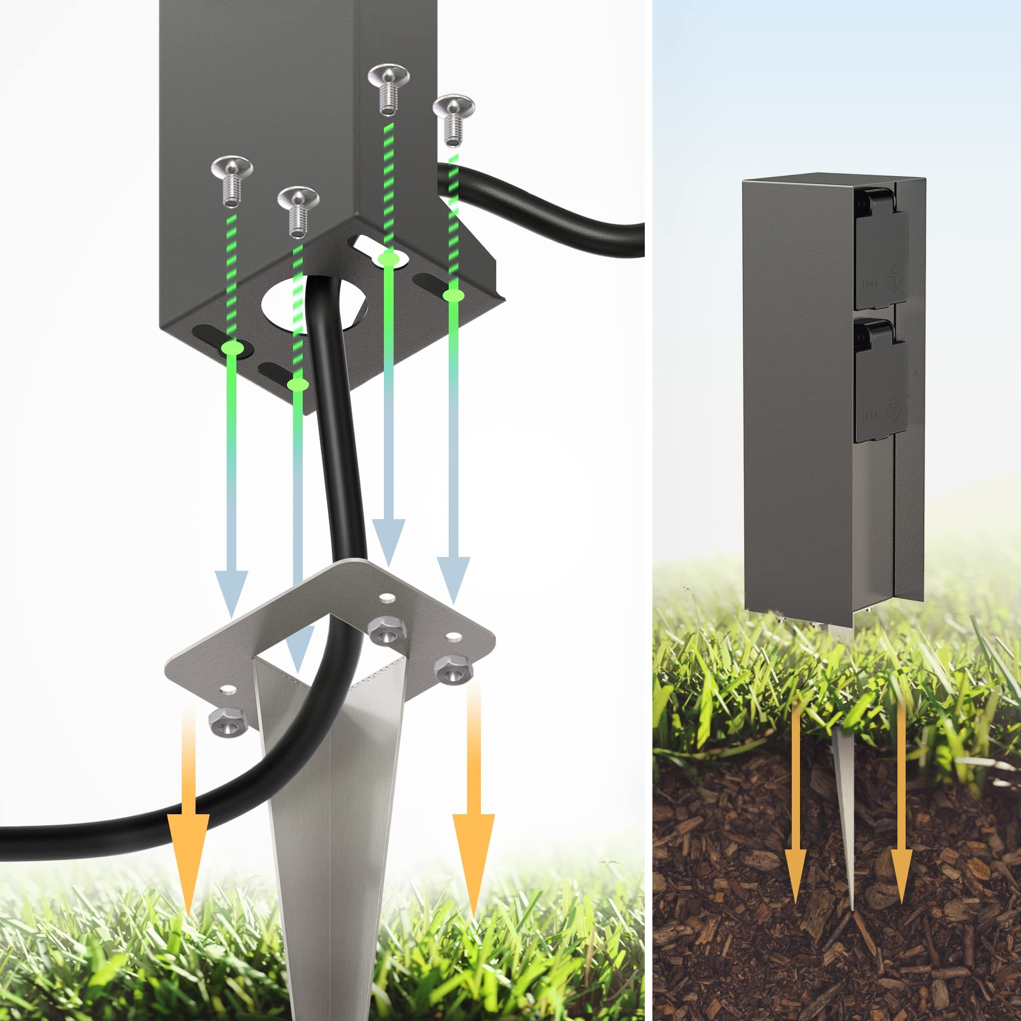 3 tuincontactdoos POMI voor buiten, IP44, 2-weg, roestvrij staal, antraciet, vierkant, 23 cm