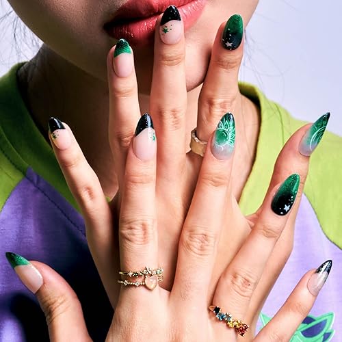 Miniatura 6 de GLAMERMAID Uñas postizas a presión de almendra mediana, color verde degradado, piel de serpiente con punta francesa, pegamento en uñas de gel, 24