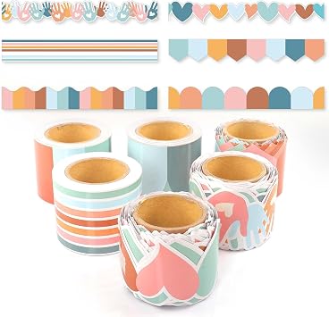 6 Rolls 206.69ft Boho Bulletin Board Decorations, Bulletin Board Borders for Classroom, Rainbow Scalloped Trim Colorful Borders for Back to School Theme Classroom Office Decor Supplies Boho