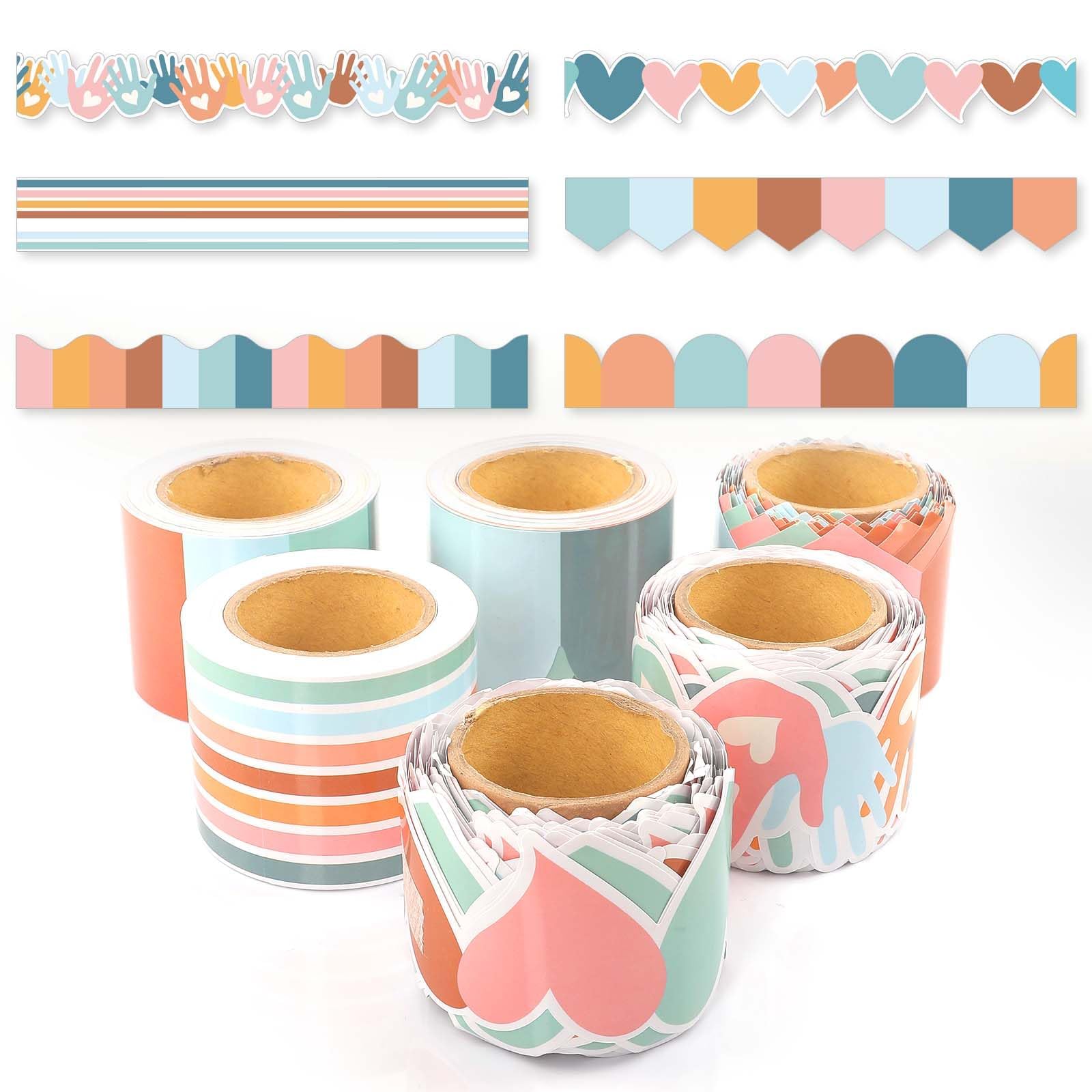 EggSun 6 Rolls 206.69ft Boho Bulletin Board Decorations, Bulletin Board Borders for Classroom, Rainbow Scalloped Trim Colorful Borders for Back to