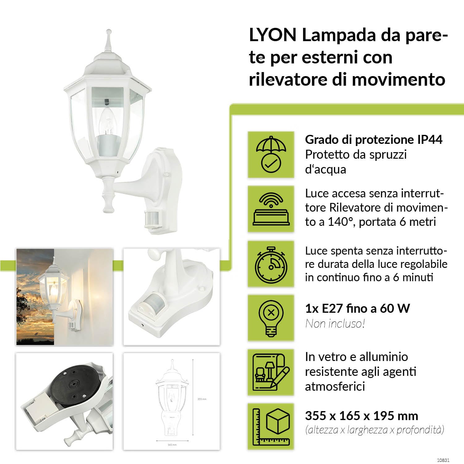 Easylight Lanterna da esterno Lyon con sensore di movimento stile rustico classico in bianco E27 H: 42 cm ideale per terrazzo, giardino, cortile e vialetto