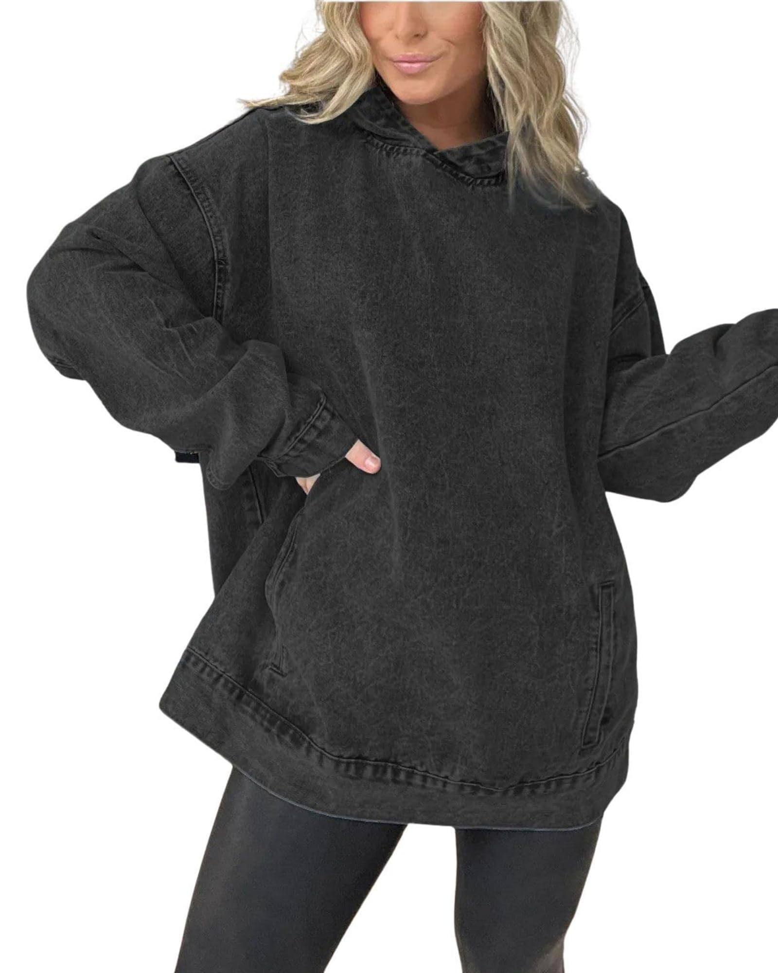 Dżinsowa bluza z kapturem z kieszeniami przednimi, damska dżinsowa bluza z kapturem, kurtka dżinsowa, damska bluza oversize z kapturem dżinsowa