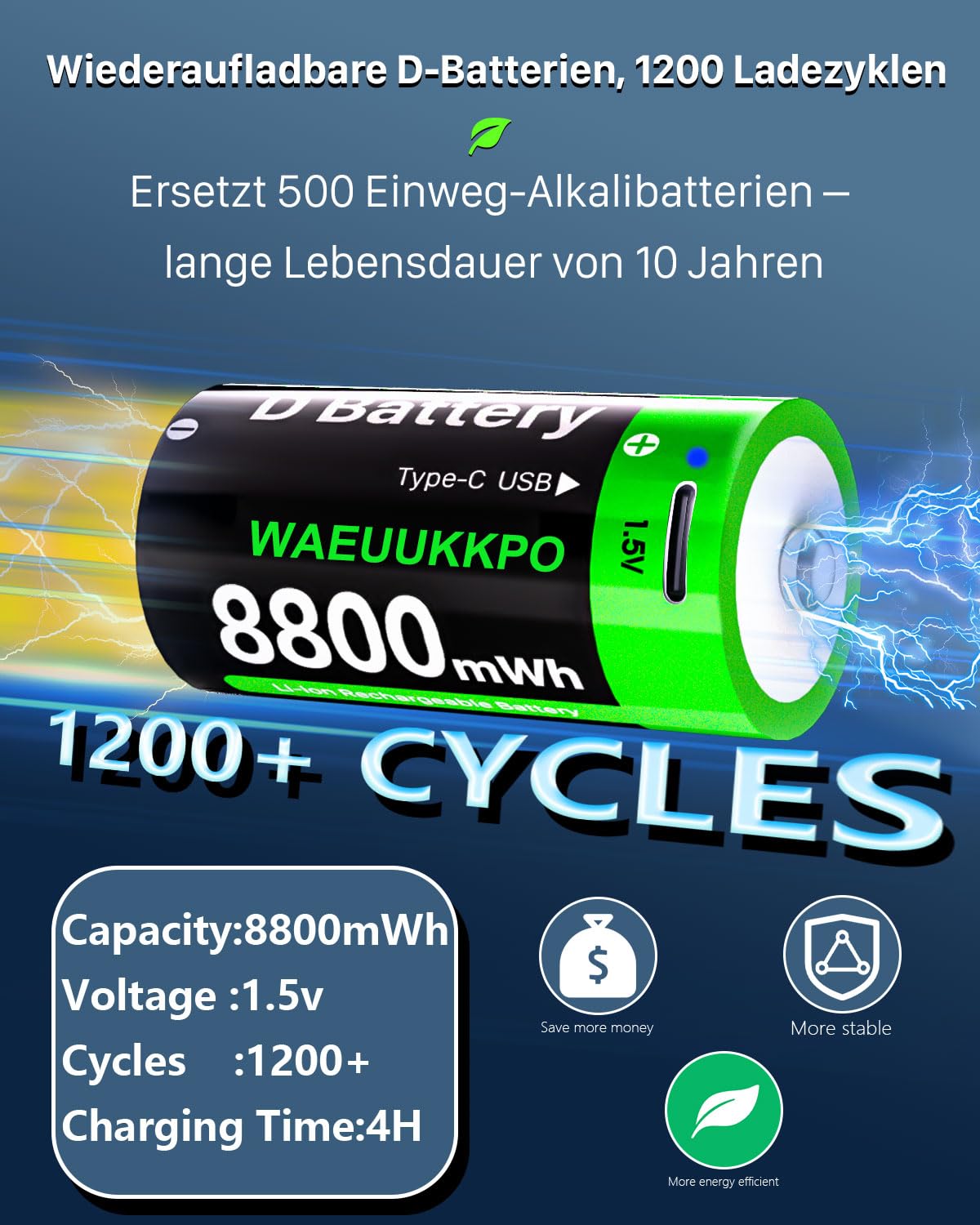 Batteria ricaricabile D, 8800 mWh, batterie al litio ad alta capacità, con cavo di ricarica USB-C, 1,5 V, dimensione D, LR20, batteria di ricambio per torcia, fotocamera, proiettore giocattolo (6
