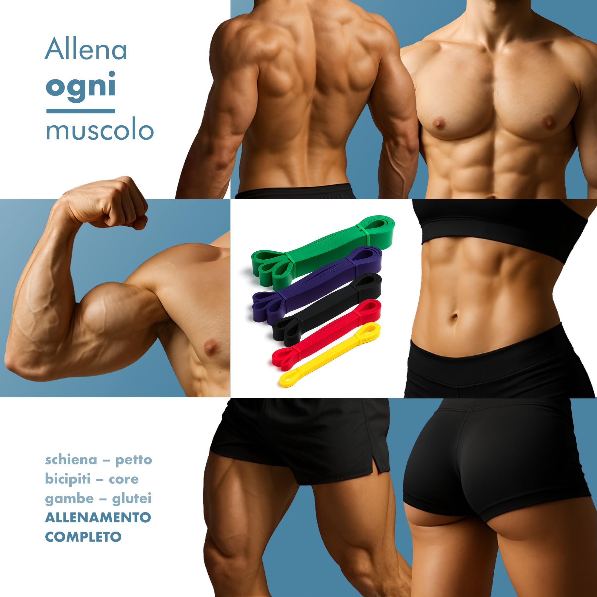 PORTENTUM Elastici fitness – Set da Bande elastiche 4 o 5 livelli intensità – Maniglie, ancoraggio porta, protezioni e borsa – Elastico palestra in casa uomini e donne – Forza Crossfit Yoga Pilates