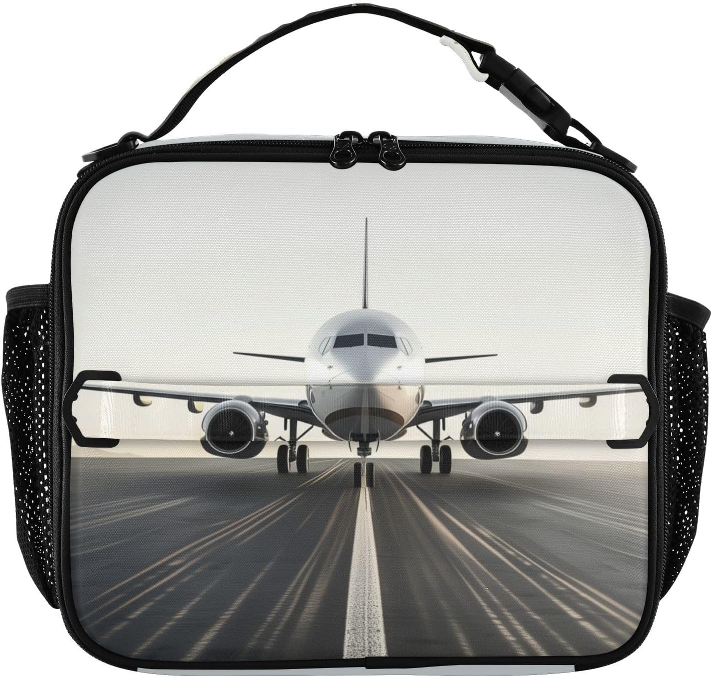 White Airplane on Runway Lunch Box Kids Insulated Lunch Bag for Girls Boys Cooler Thermal Meal Tote with Adjustable Shoulder Strap