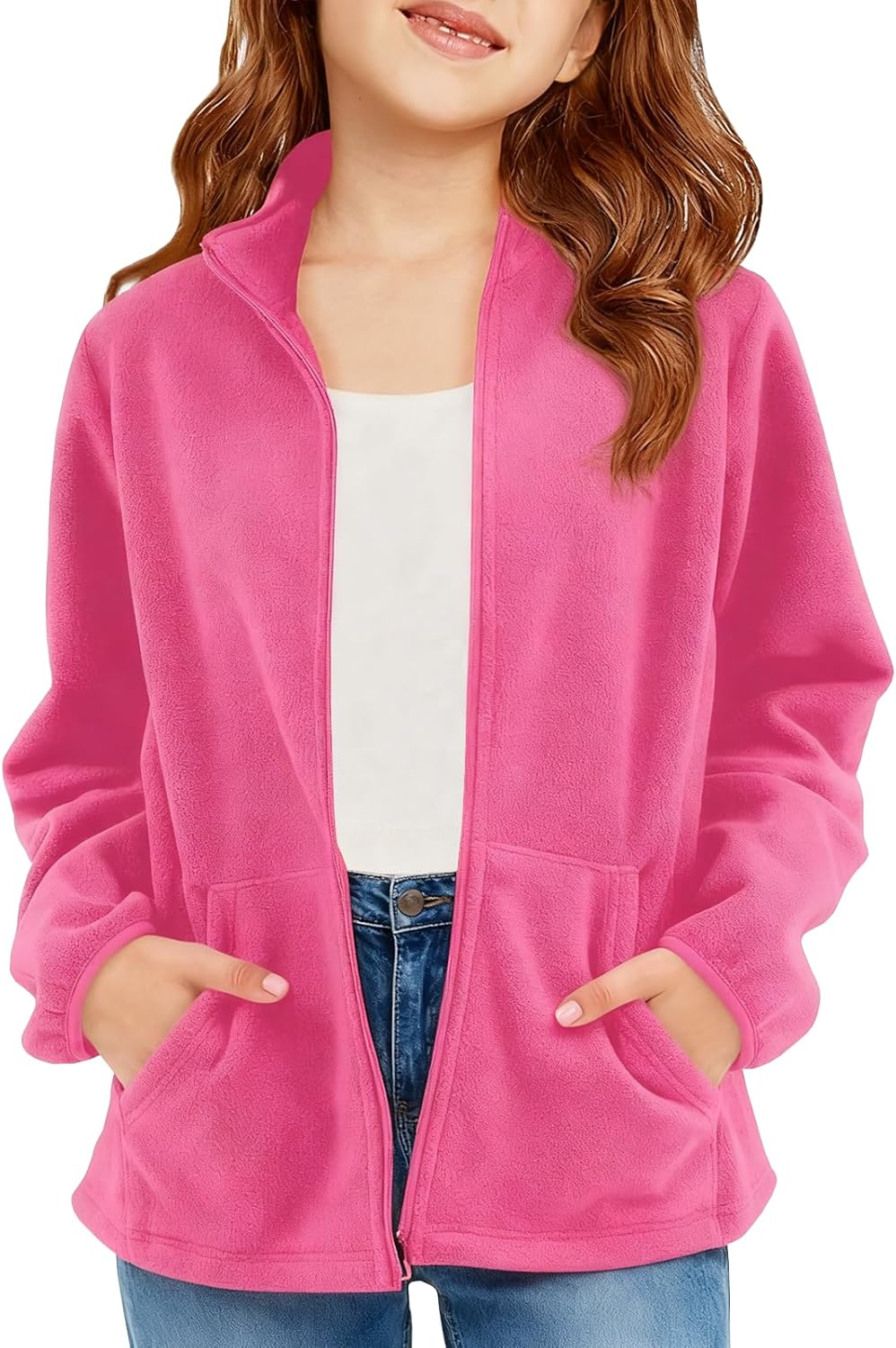 Girls Fleece Jakcet Full Zip Up Mock Neck Warm Sherpa Pocket Jacket Coat 5-14 Years