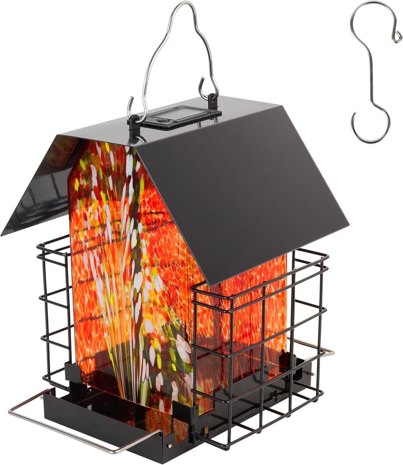 LUJII Solar Bird Feeder for Outdoor Hanging, 2 Suet Cake Cages, Hand-Blown Glass Container, Metal Roof, All-Weather Design for Woodpeckers, Red