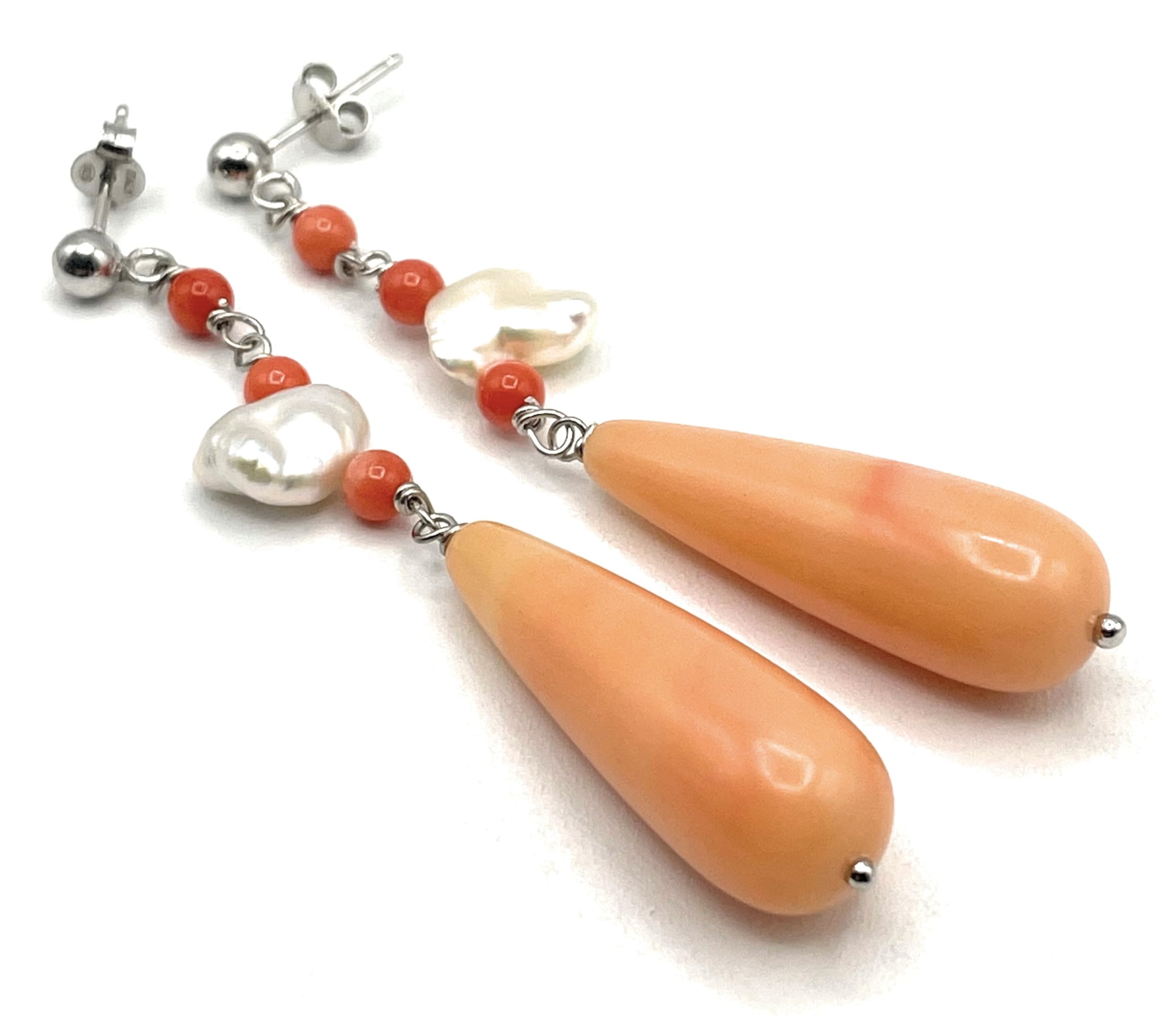 Orecchini Corallo Rosa e Perle Keshi, Pendenti in Argento 925 Made in Italy, Gioielli Pietre Naturali, Bijoux Artigianali, Regalo per Lei