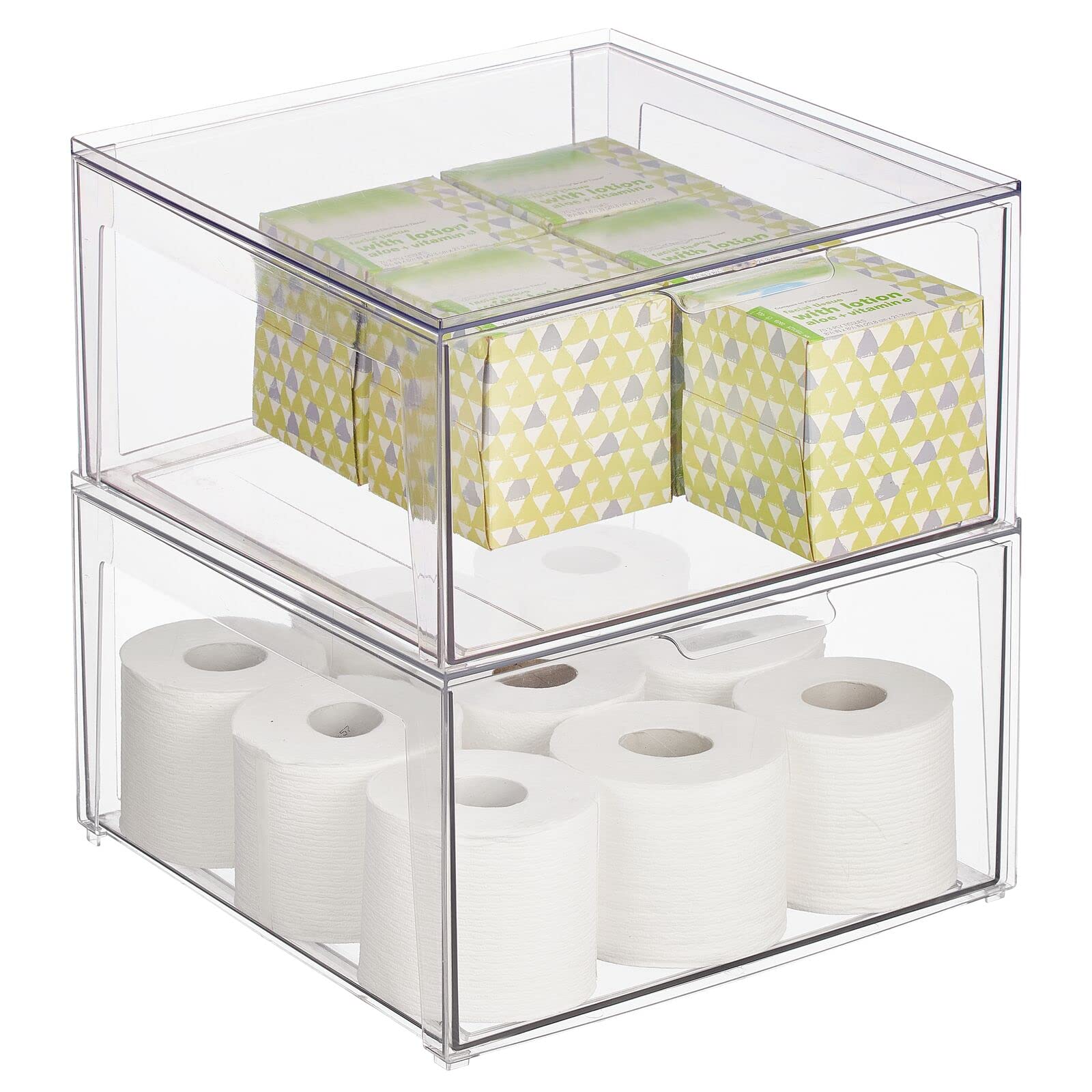 Photo 1 of mDesign Plastic Stackable Bathroom Storage Organizer Bin Containers with Front Pull Drawer for Bathroom Countertop, Vanity, Closet Shelves - Holder for Accessories - Lumiere Collection, 2 Pack, Clear 2 14 x 14 x 8