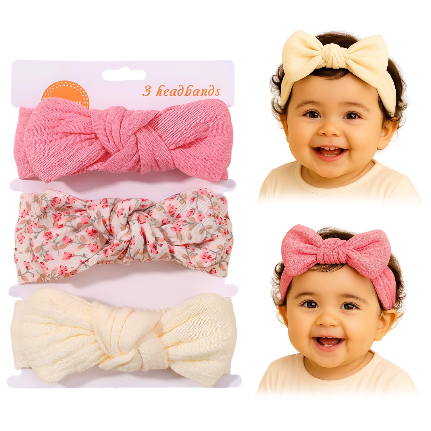 SYGA 3 Pcs Baby Headband Nylon Bow Soft Stretchable Hairband for Newborn Infant Toddler Kids For 0-3 Year (Type-F, Free Size)-image-9