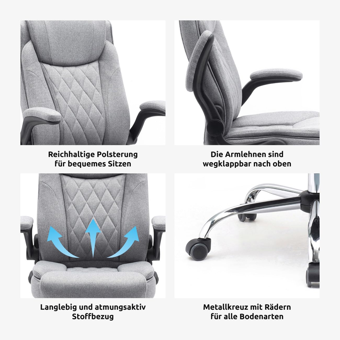 Stoff-Bürostuhl Comfortable, ergonomischer Drehstuhl bis 130 kg, mit klappbaren Armlehnen, Schreibtisch Stuhl mit Hohe Rückenlehne, grau