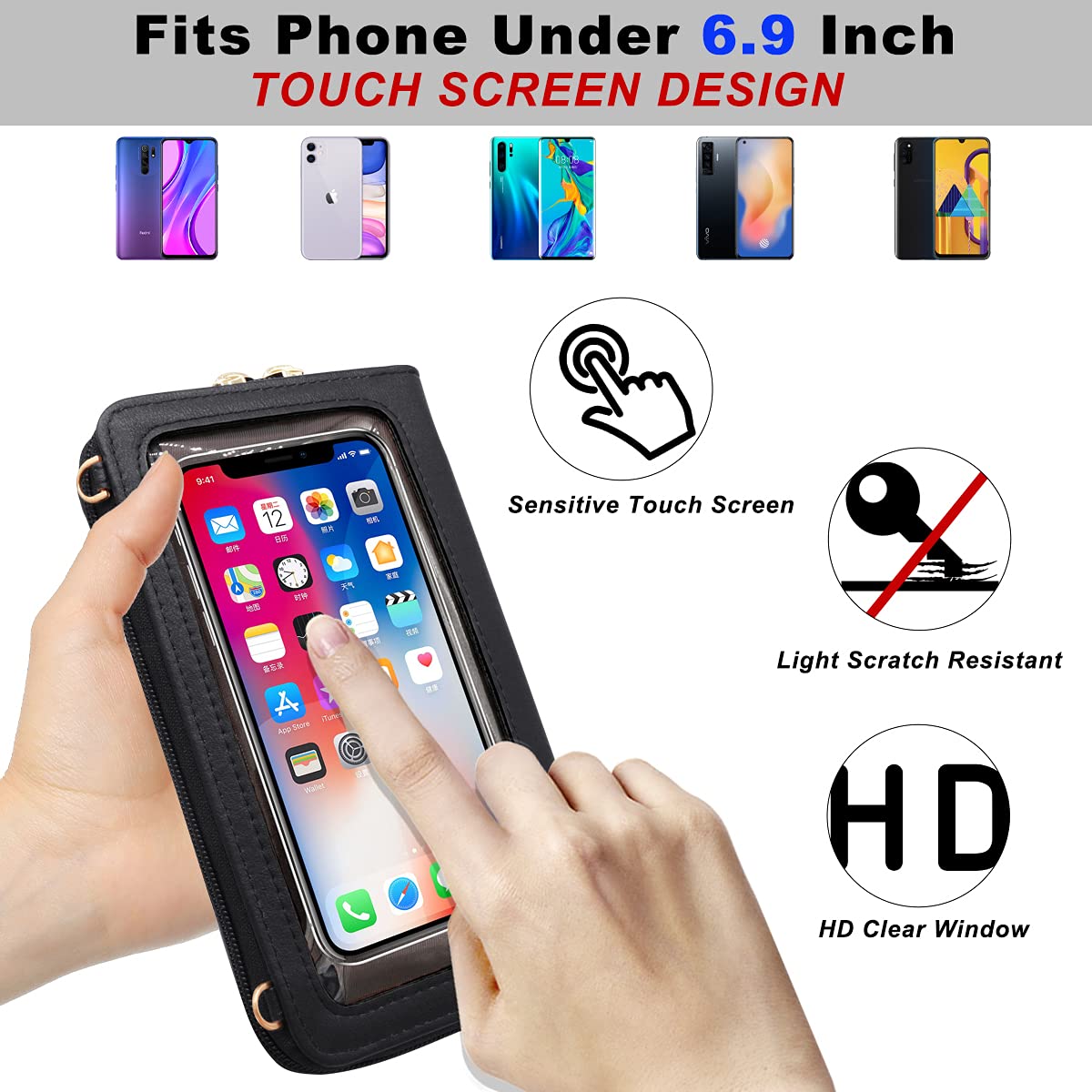 HNOOM Borsa a Tracolla per cellulare Portafoglio Donna Bloccaggio RFID Borsa Piccola Tracolla Donna Portamonete Portafoglio a Tracolla Borsa Porta Cellulare con Finestra Touch Screen