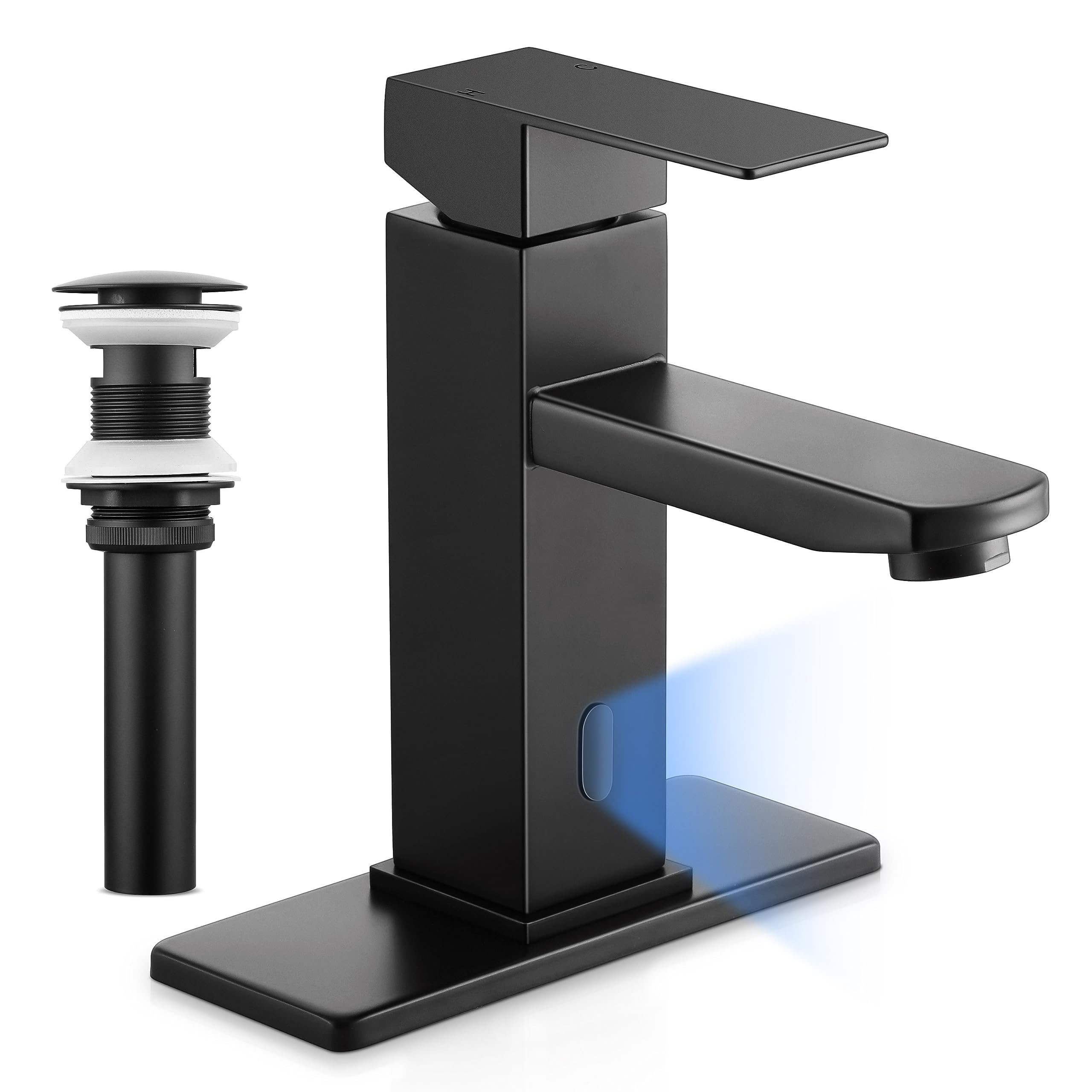 Herogo Grifo de lavabo de baño sin contacto negro mate SUS 304 de acero inoxidable para 3 agujeros o 1 agujero único con manguera, placa de cubierta de 6 pulgadas y drenaje desplegable