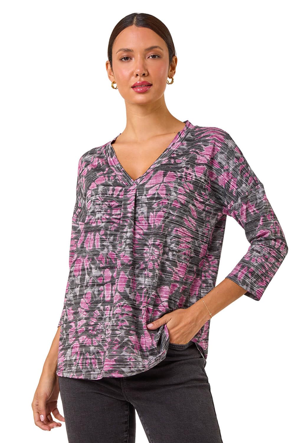 Roman Originals Women's Pink Multi Roman Pleat Front Top For Uk Pleated Shirt Notch V Neck Blouse Summer Tunic Spring Pull-On Comfy Soft Evening Holiday Vacation Work Party Everyday - Size 12