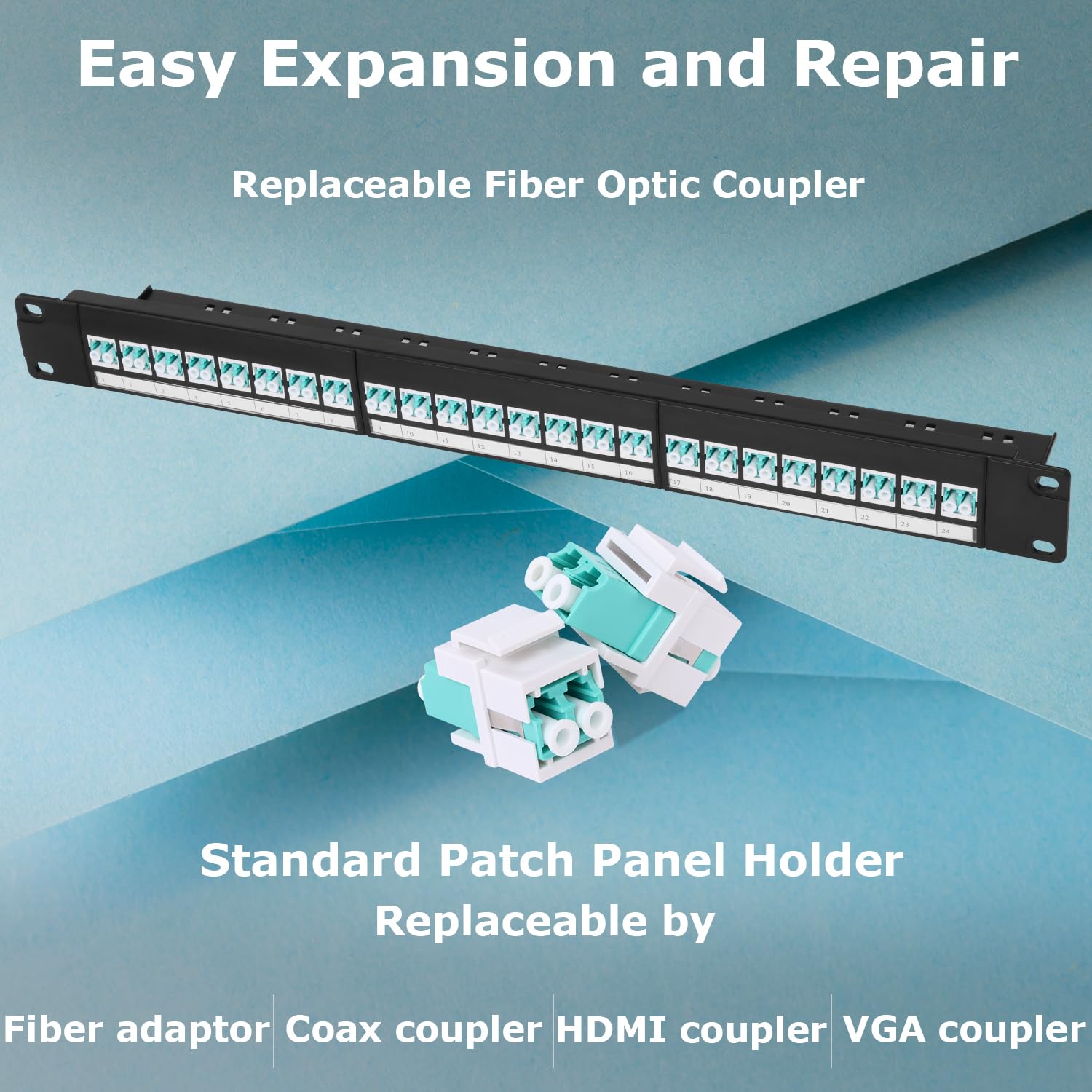 Panneau de brassage en fibre optique 1U avec 24 adaptateurs de fibre optique monomode LC OS2, coupleurs Keystone Jack modulaire avec clé en ligne blanche, connecteurs monomode pour racks