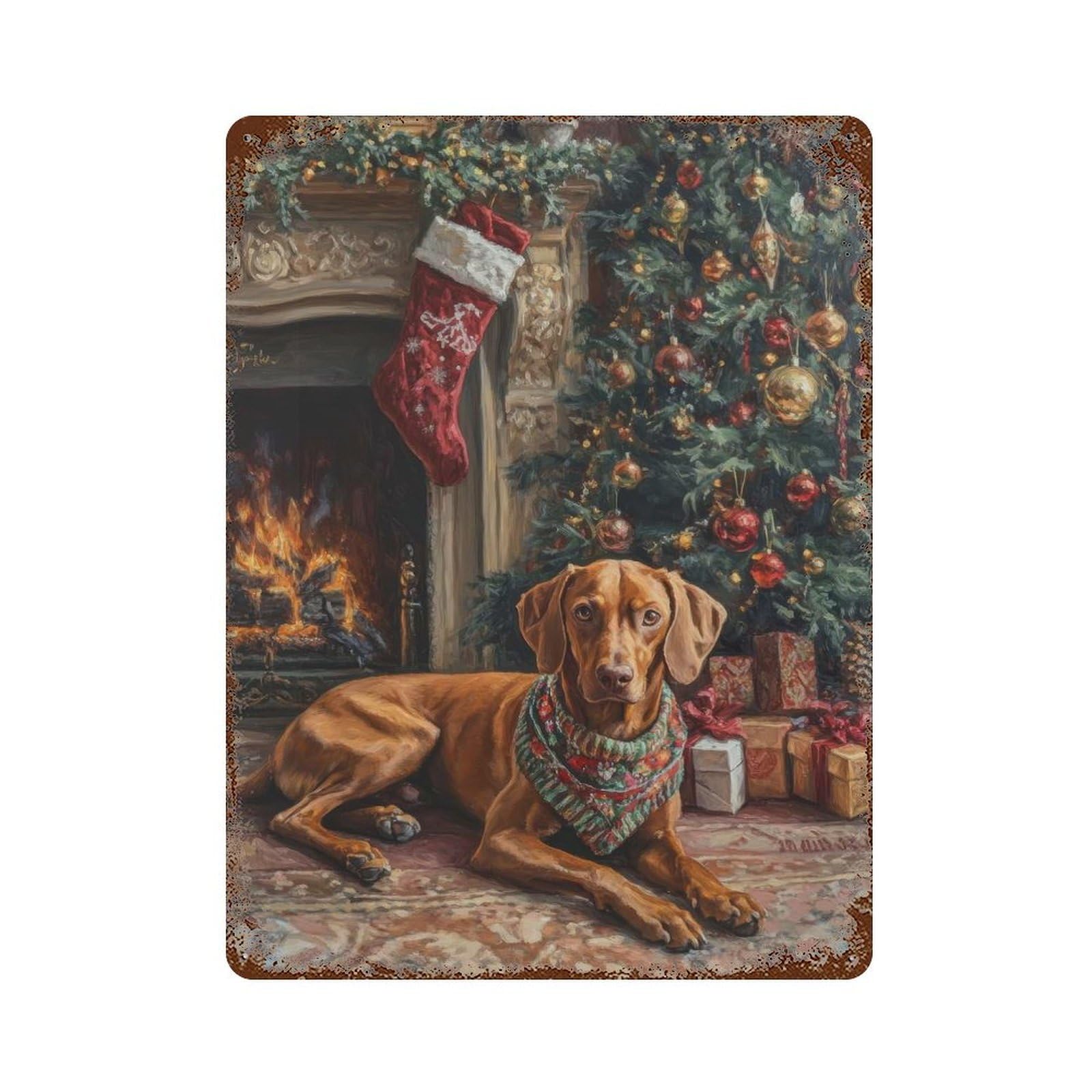 Vintage Metal Tin Sign Christmas Dog by Fireplace Painting Vizsla Dog with Stocking 15.7"x11.8", Industrial Home Decor for Farmhouse, Kitchen And Entryway Decor