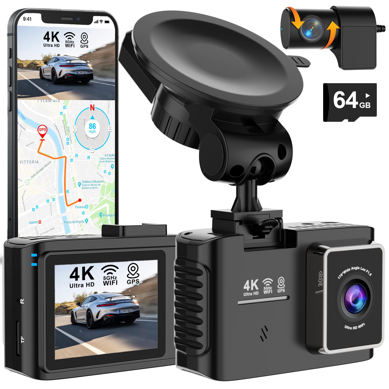 Dashcam 4K 5GHz WiFi GPS 2.0" IPS 170° Weitwinkel Dual Auto Kamera 24Std Parküberwachung Super Nachtsicht WDR G-Sensor Loop-Aufnahme 64GB SD Karte