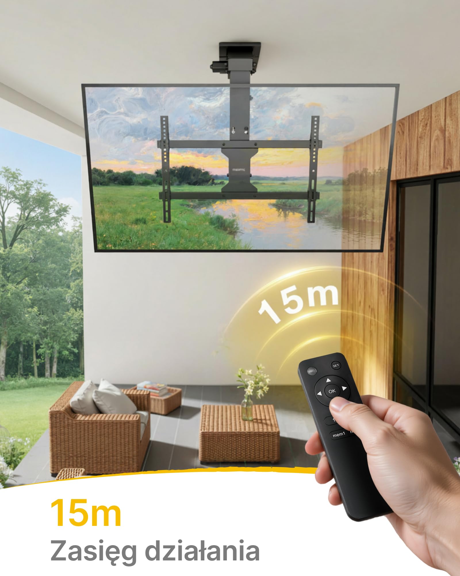 monTEK Elektryczny Uchwyt Sufitowy TV 37-75", do 45 kg | Elektryczny uchwyt sufitowy do TV z pilotem, aplikacją i sterowaniem głosowym, do sufitów płaskich i skośnych