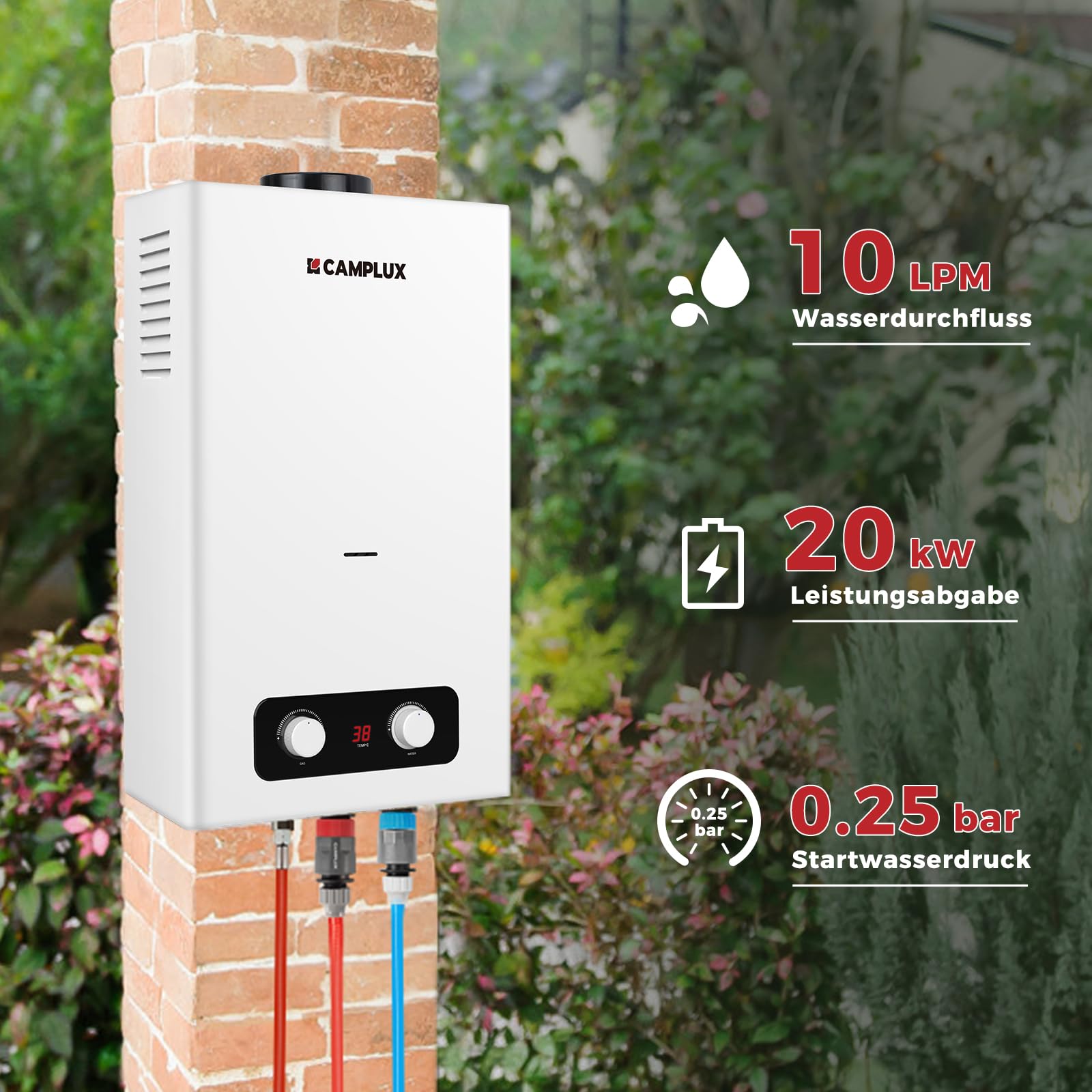 CAMPLUX BD264-DE Gas-Durchlauferhitzer, 10 Liter, LPG, 50 mbar, für Wohnmobil/Camping/Garten/Mobilhäuser/kleine Häuser