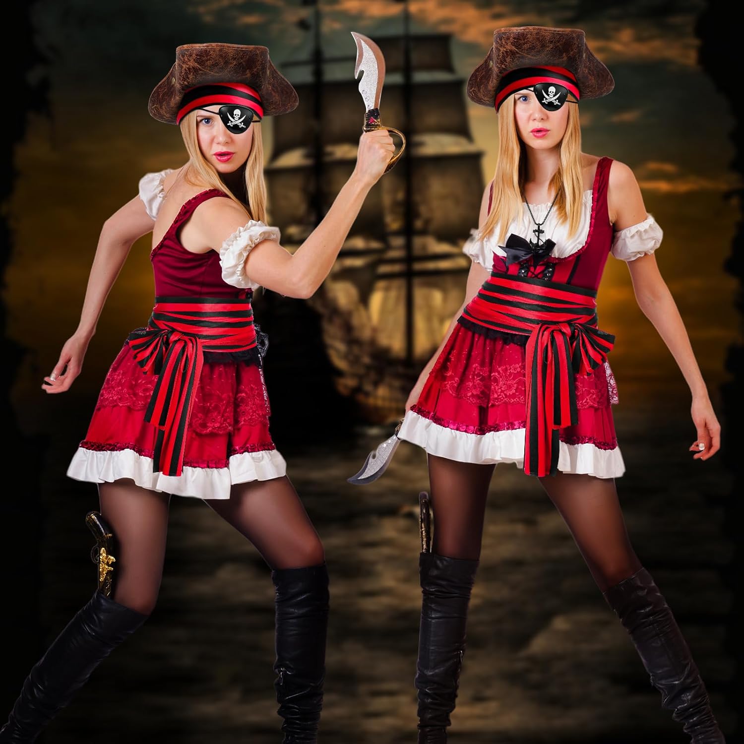 Capoda 6 Pcs Pirate Costume Accessories Set for Women Men Adult Pirate Outfit Cosplay (Black and Red) - Image 4