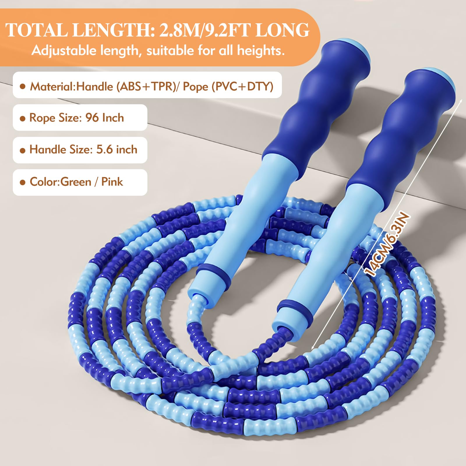 Beaded Jump Rope for Kids, Durable Shatterproof Skipping Rope, Adjustable Jump Ropes for 4 5 6 7 8 9 10 11 12