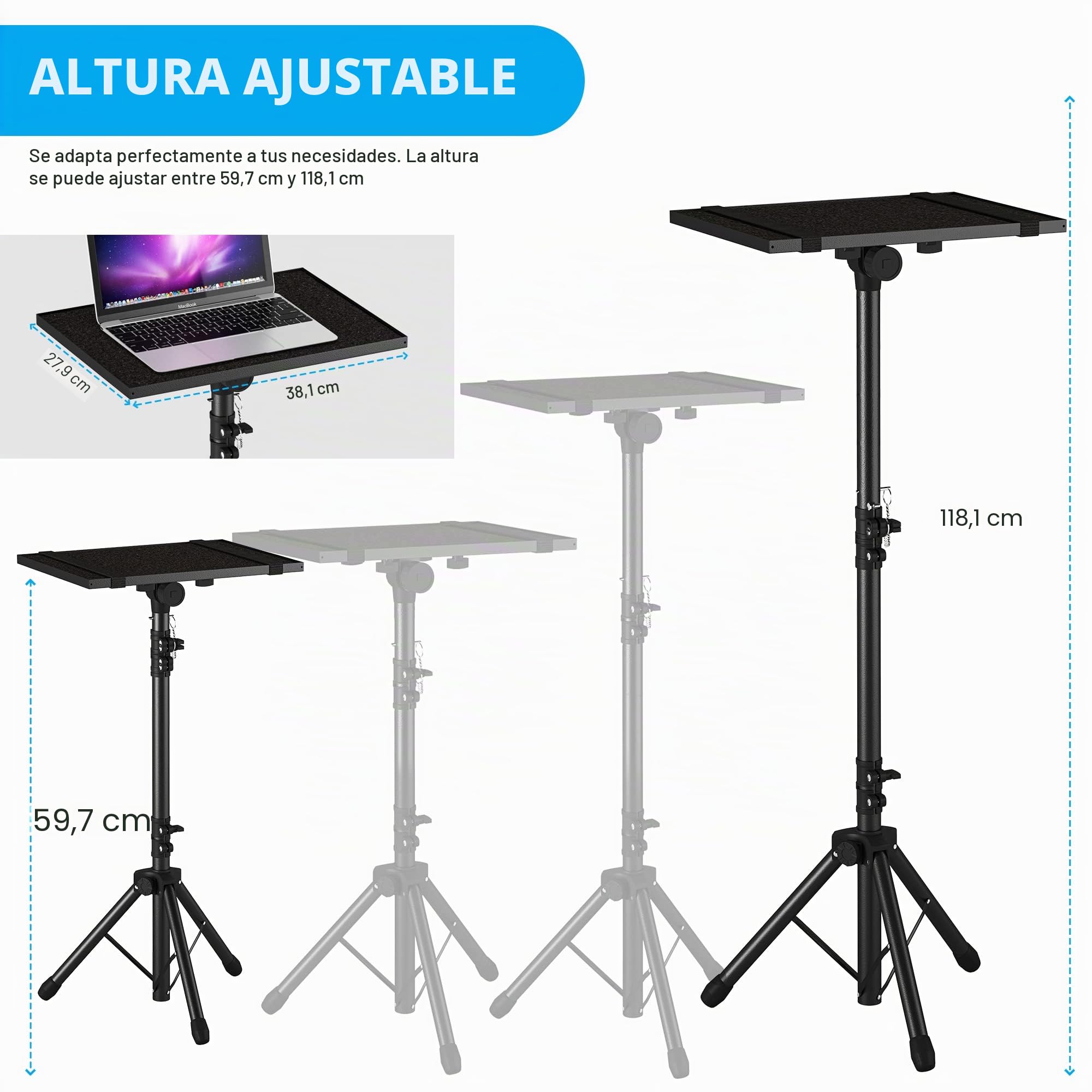 Trípode para proyector de 23.5 a 46.5 pulgadas, soporte de trípode para laptop de altura ajustable con soporte de teléfono de cuello de cisne, soporte de suelo para laptop para oficina, hogar,