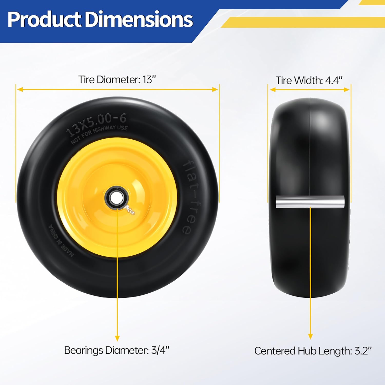 2 Pcs 13x5.00-6 Flat Free Lawn Mower Tire and Wheel, 13x5-6 Solid Smooth Replacement Front Tires for Zero Turn Lawn Mowers, with 3/4" & Extra 5/8" Bearings, 3.2"-5.5" Centered Hub, Yellow Rim