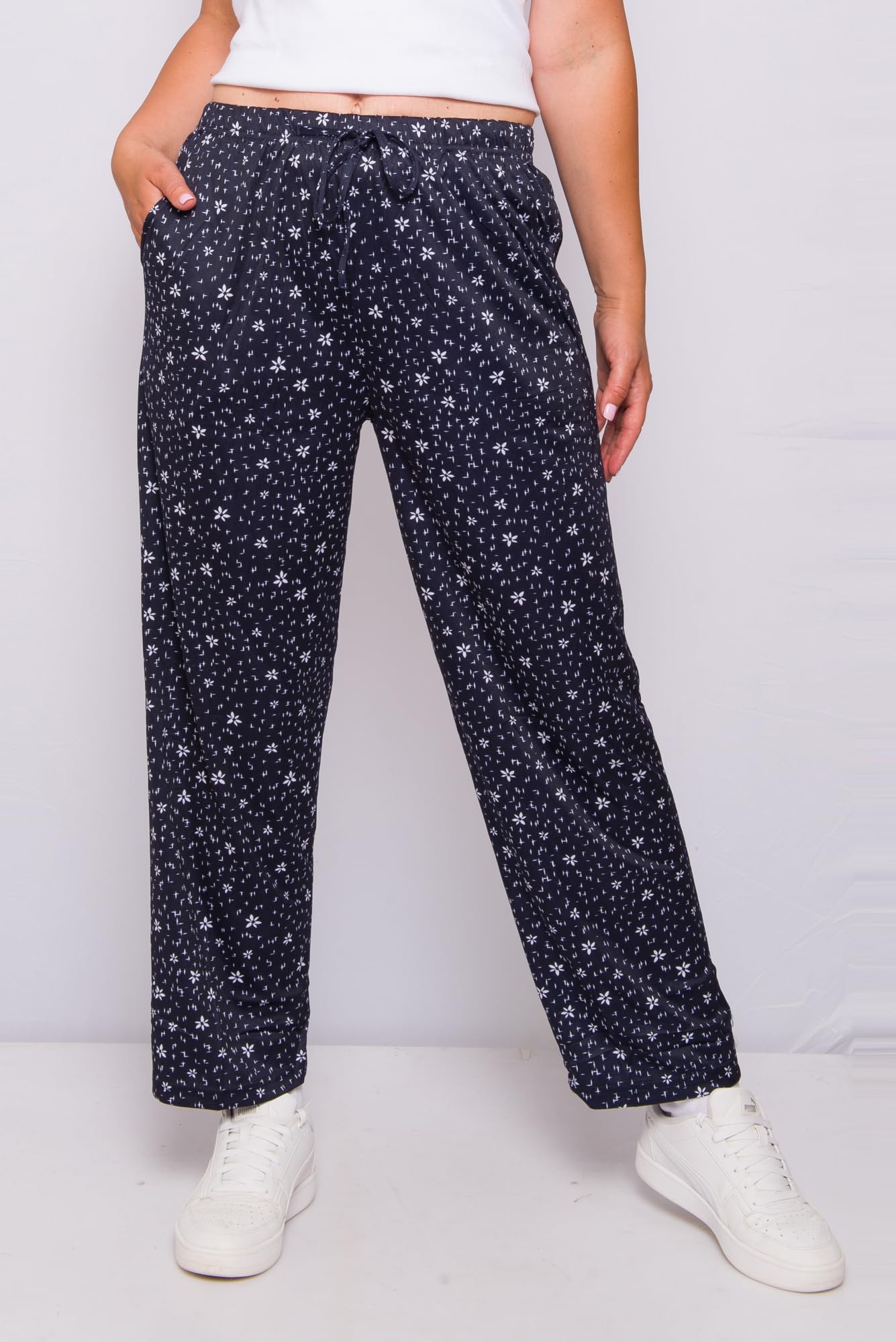 Kendindza Pantalones de verano para mujer, largos, ligeros, estilo informal, con flores, de algodón