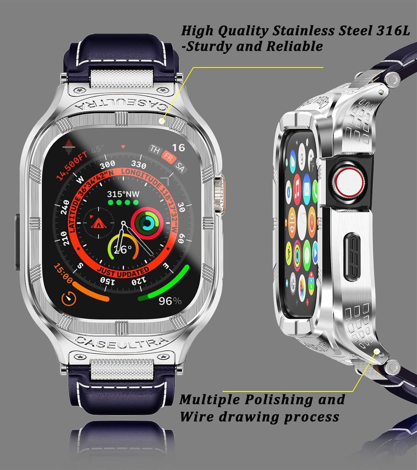 Stainless Steel Case Compatible with Apple Watch Ultra 2 Bands for Men 49mm 45mm 44mm 42mm,Vintage Genuine Leather Strap for iWatch Ultra 1/2 Series 9 8 7 6 5 4 3 2 1SE