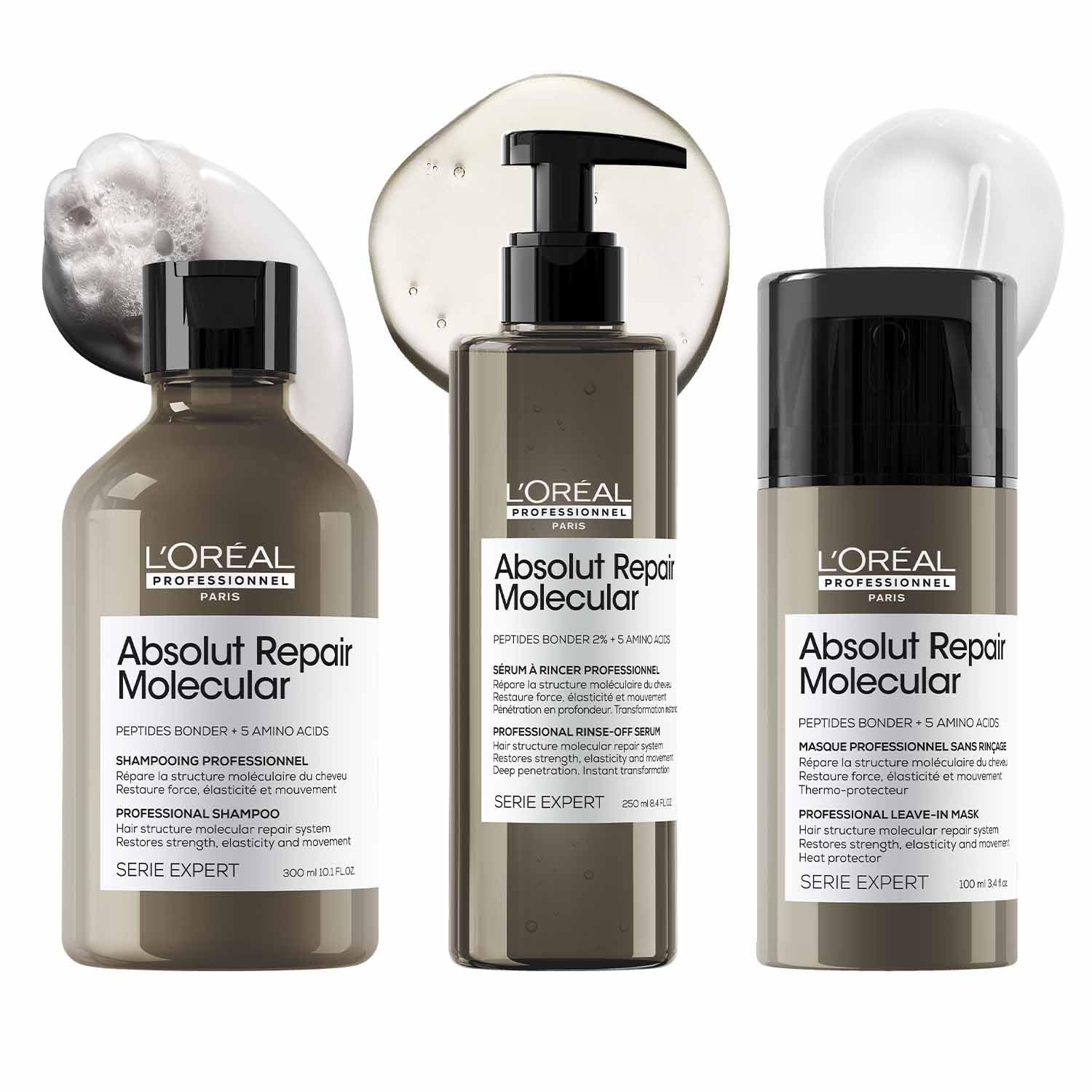 L'Oréal Professionnel Absolut Repair Molecular Sulfate-Free Deep Repairing Shampoo, Rinse-Off Serum & Leave-In Mask Combo for Damaged Hair