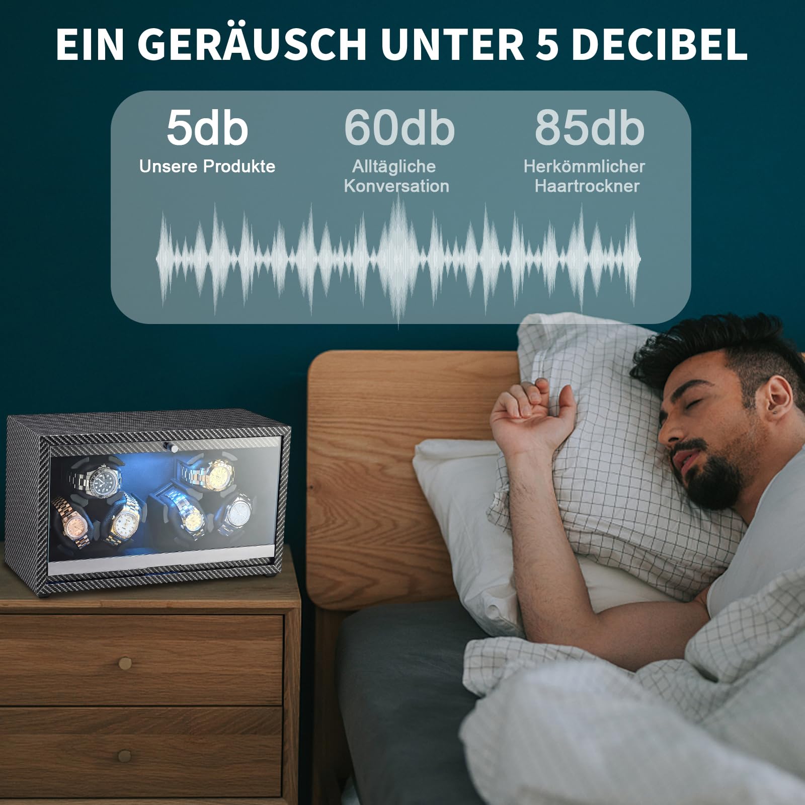 6 Uhrenbeweger für Automatikuhren, Superleiser Motor, 4 Rotationsmodi Mit Led-Leuchten, Einziehbares Kissen, Uhrenbewegerbox FüR Damen- Und Herren-Uhren