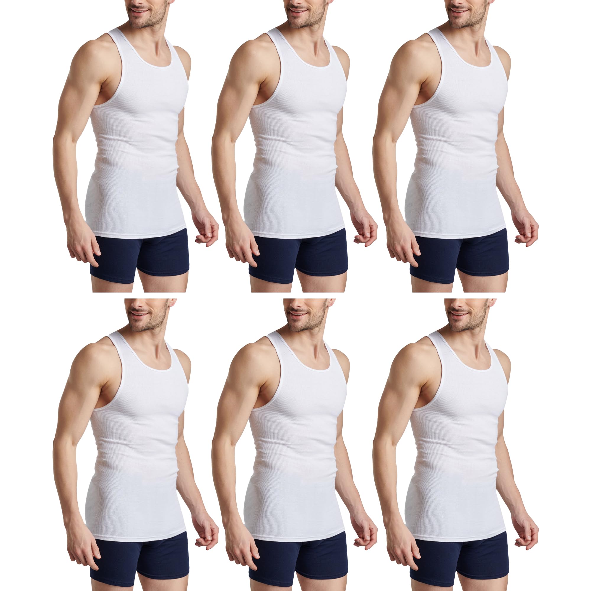 HiFEN® Mens Cotton Summer Vests Lightweight Sleeveless Gym Singlets Undershirts White, Pack of 6