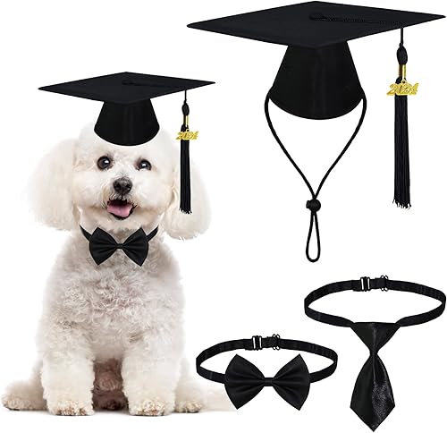 Miniatura 7 de GOYOSWA Gorra de graduación para perro y collar de corbata, traje de graduación ajustable para perro con borlas negras 2023, lazo formal para perro